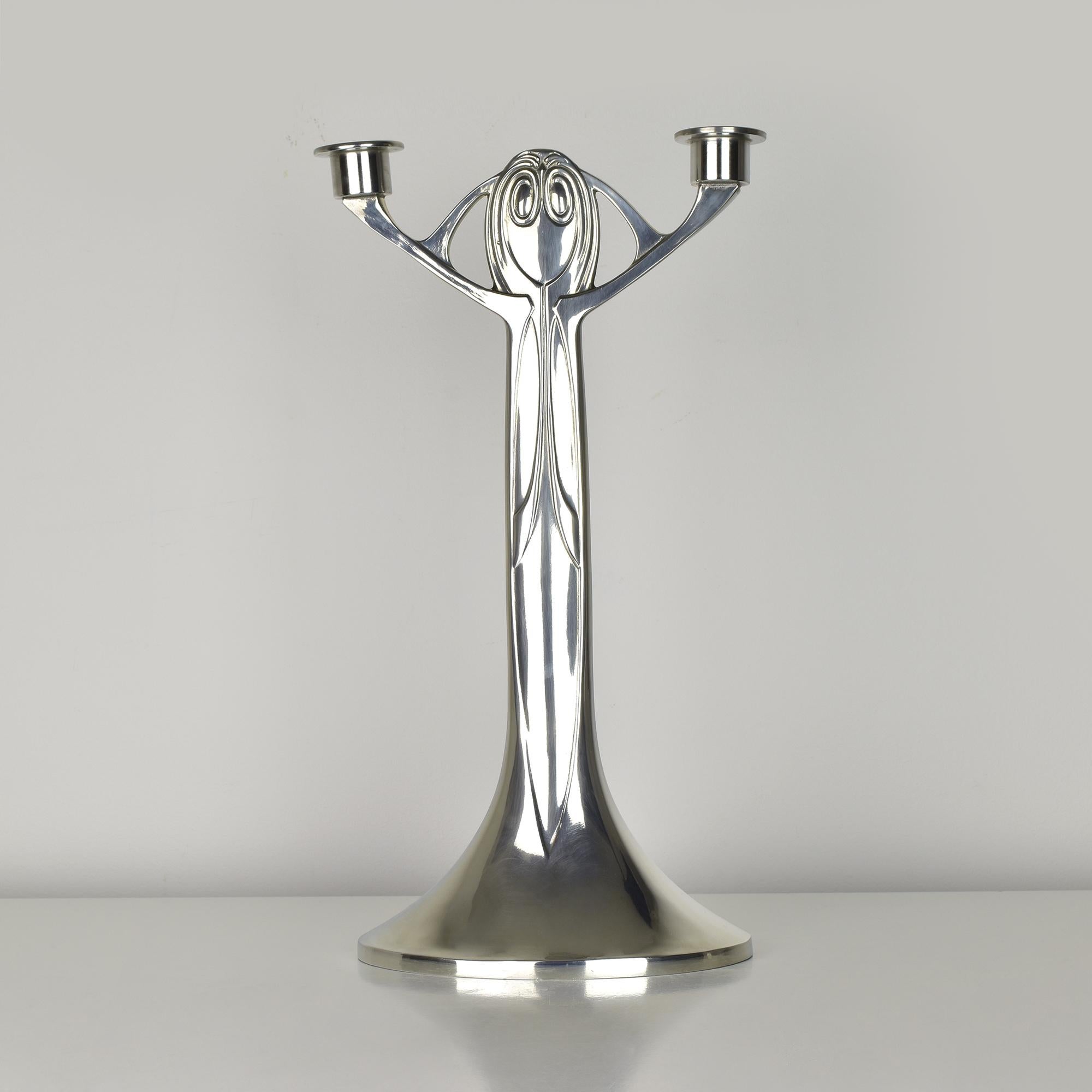 Large Joseph Maria Olbrich Candleholder, Kayserzinn Reproduction, 1980s Design In Good Condition For Sale In Bad Säckingen, DE