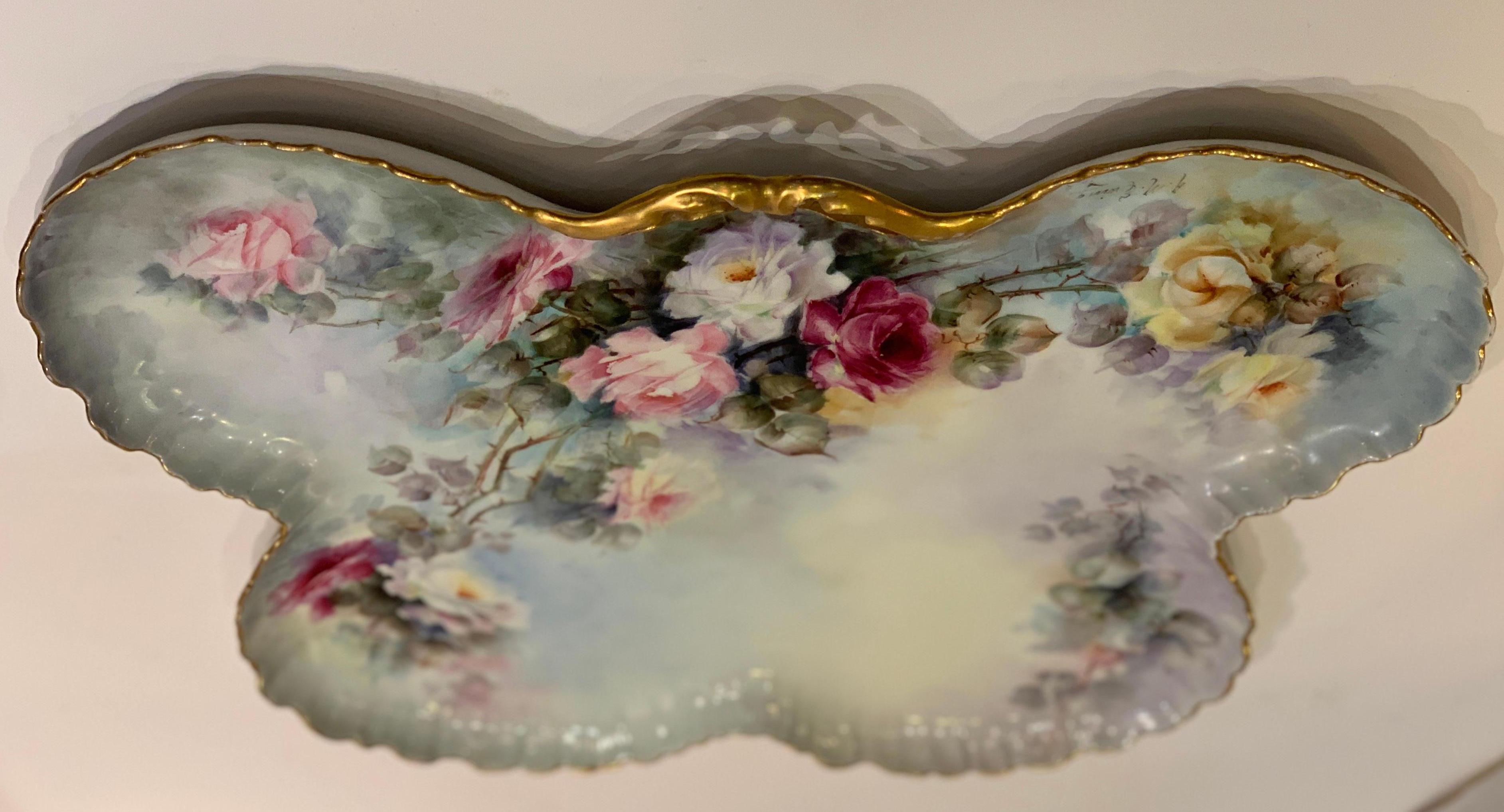 Beautiful handmade and hand painted, very large antique porcelain dresser or vanity tray or platter by JPL Jean Pouyat Limoges France is signed by the artist, 