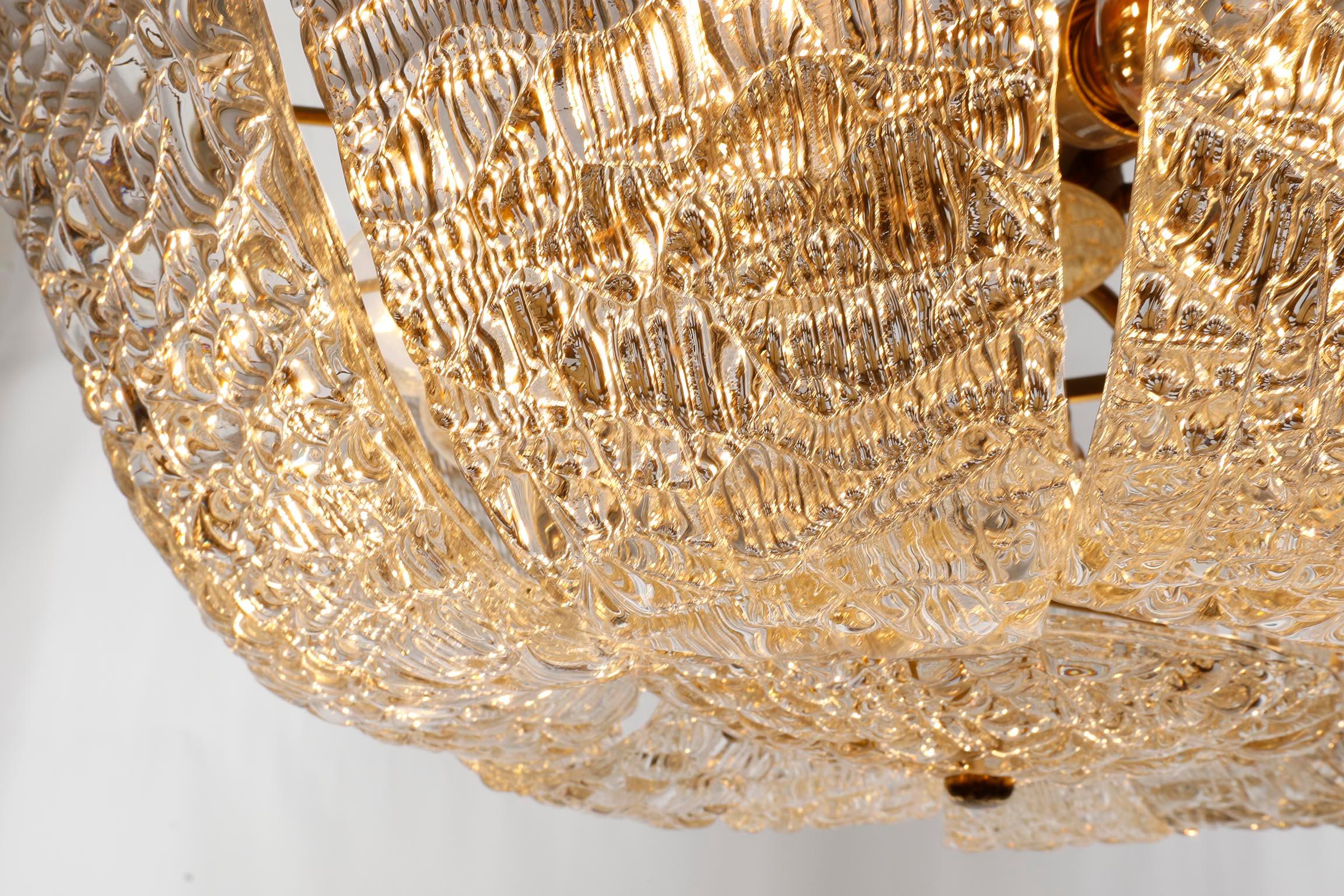 Large J.T. Kalmar Chandelier, Brass Curved Textured Glass, Mid-Century, 1950s 5
