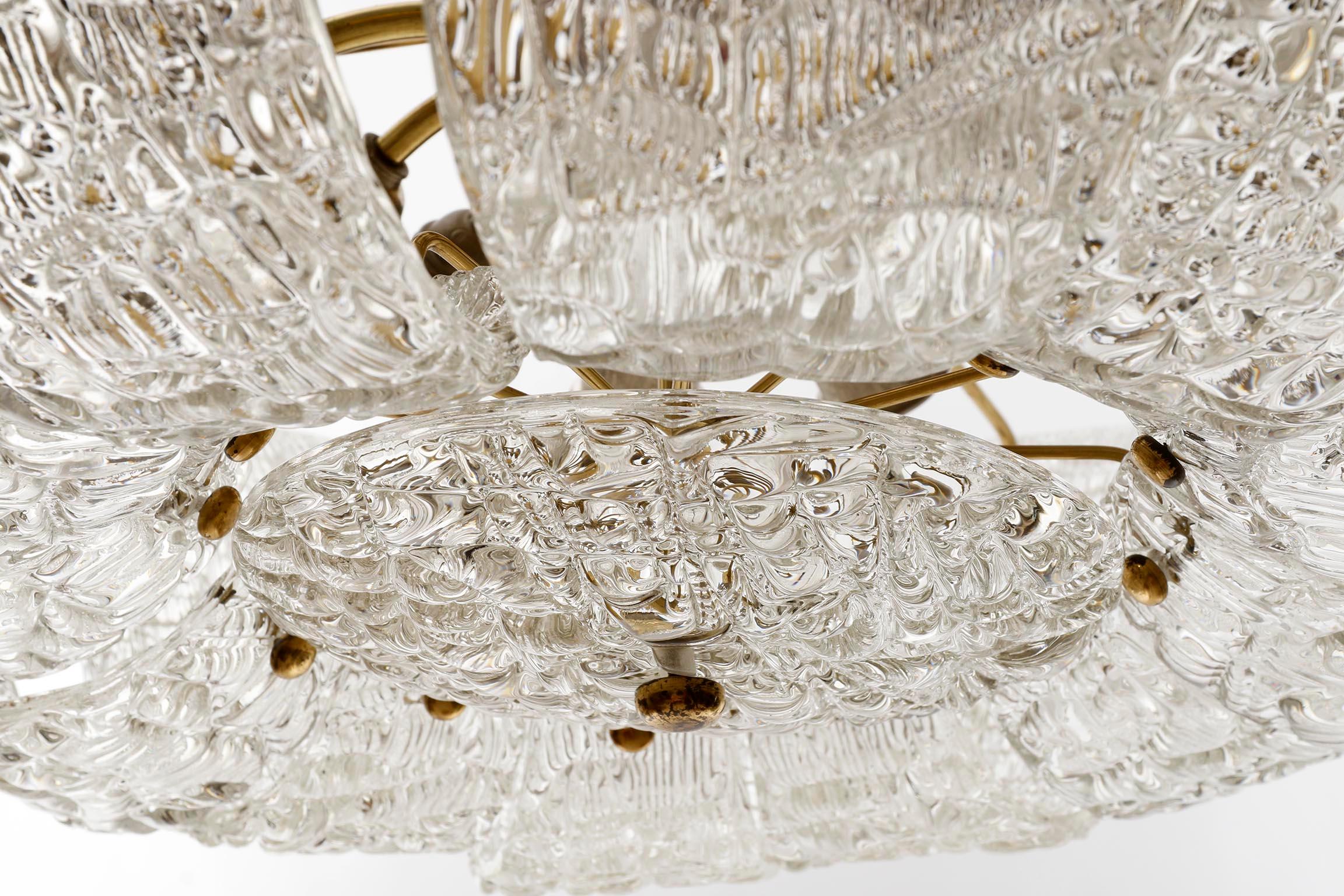 Large J.T. Kalmar Chandelier, Brass Curved Textured Glass, Mid-Century, 1950s 1
