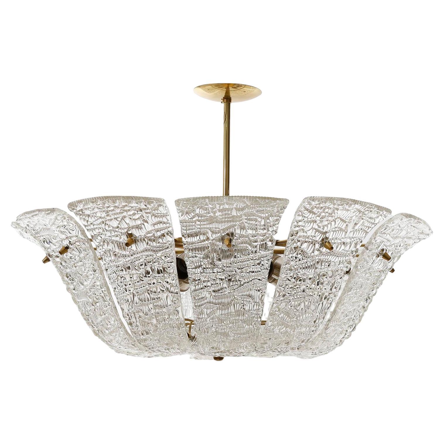 Large J.T. Kalmar Chandelier, Brass Curved Textured Glass, Mid-Century, 1950s For Sale