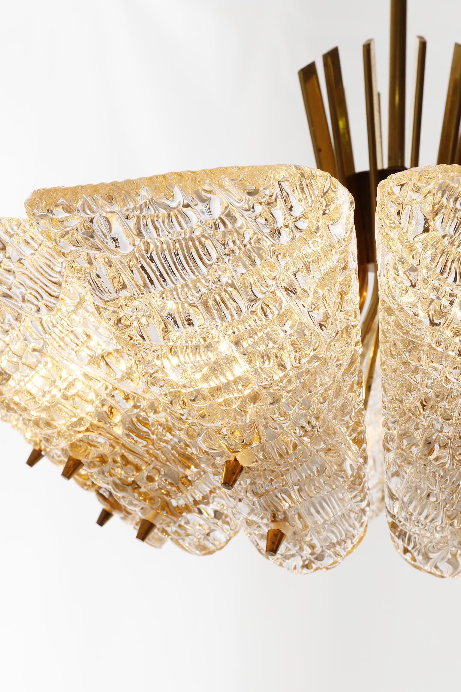Large J.T. Kalmar Chandelier, Brass Textured Glass, Mid-Century Modern, 1950s For Sale 5