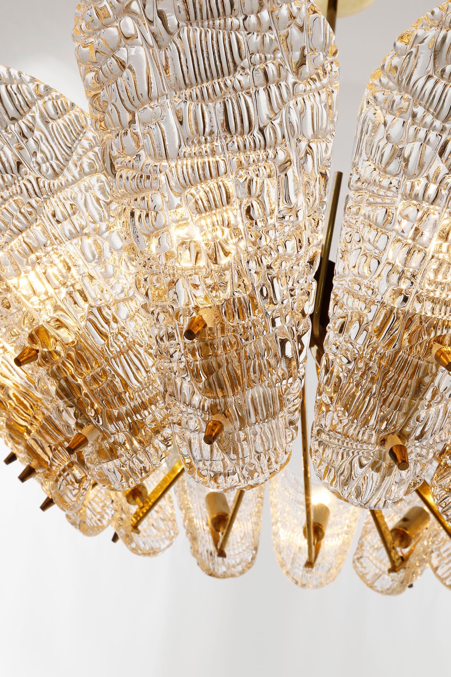 Large J.T. Kalmar Chandelier, Brass Textured Glass, Mid-Century Modern, 1950s For Sale 6