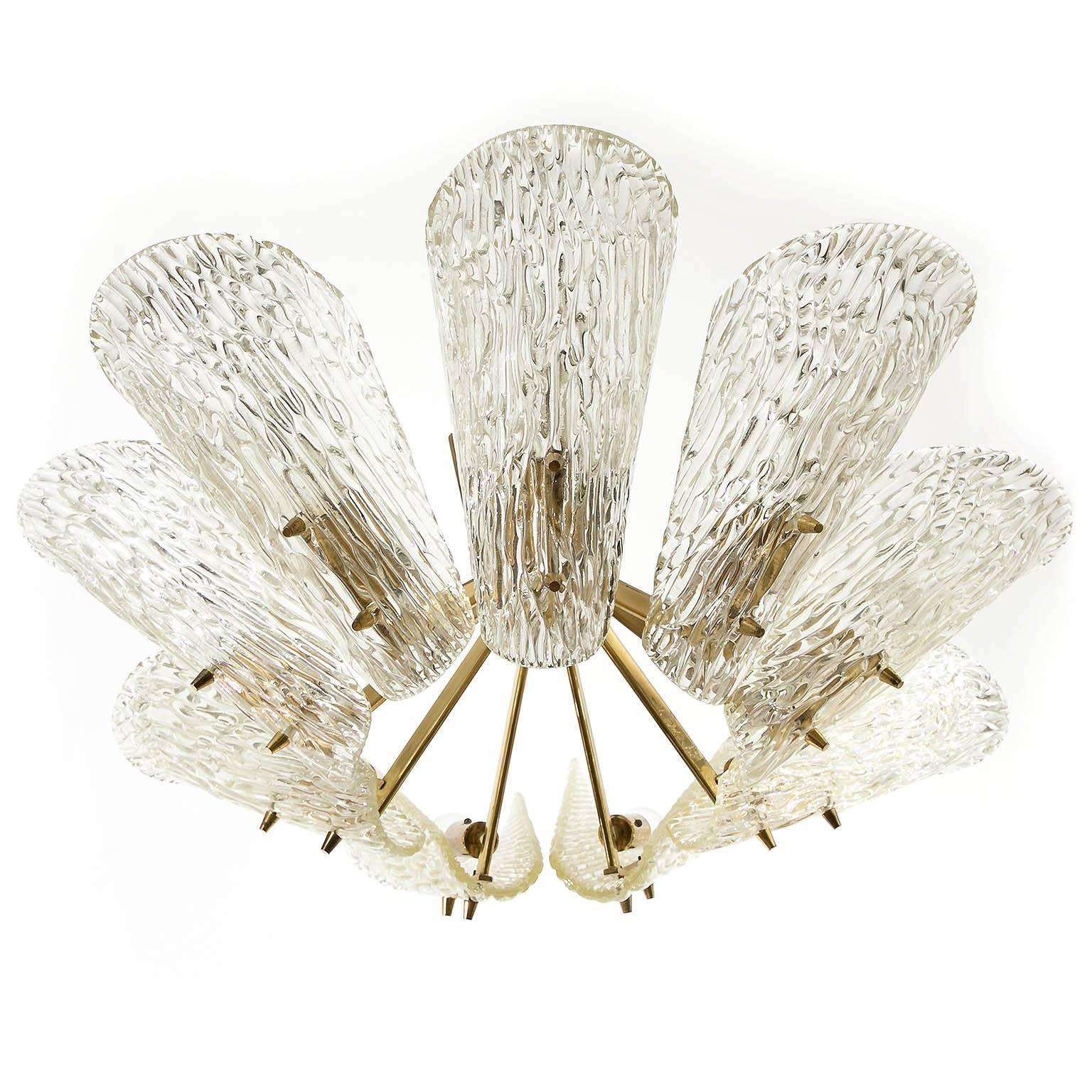 Lacquered Large J.T. Kalmar Chandelier, Brass Textured Glass, Mid-Century Modern, 1950s