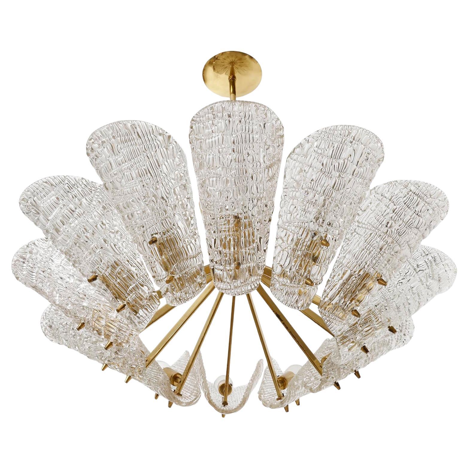 Lacquered Large J.T. Kalmar Chandelier, Brass Textured Glass, Mid-Century Modern, 1950s For Sale