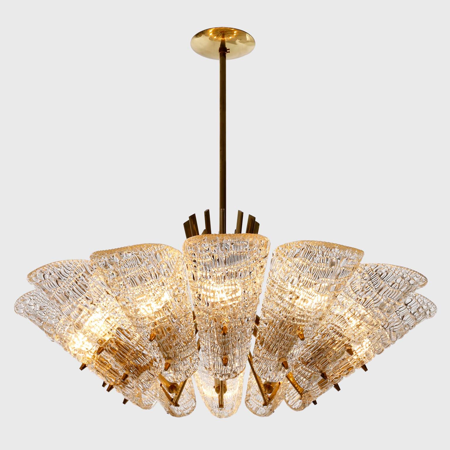 Mid-20th Century Large J.T. Kalmar Chandelier, Brass Textured Glass, Mid-Century Modern, 1950s For Sale