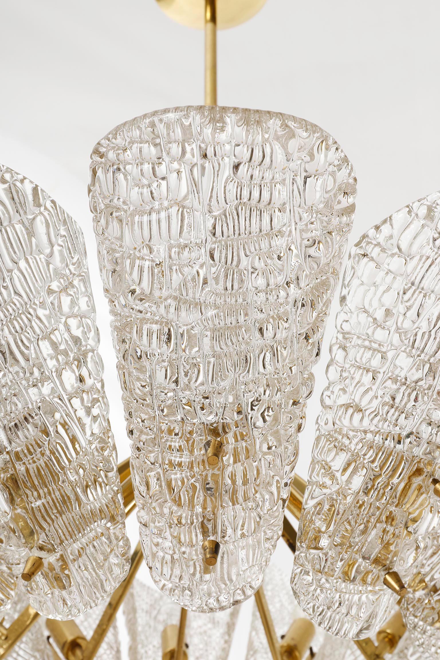 Large J.T. Kalmar Chandelier, Brass Textured Glass, Mid-Century Modern, 1950s For Sale 2