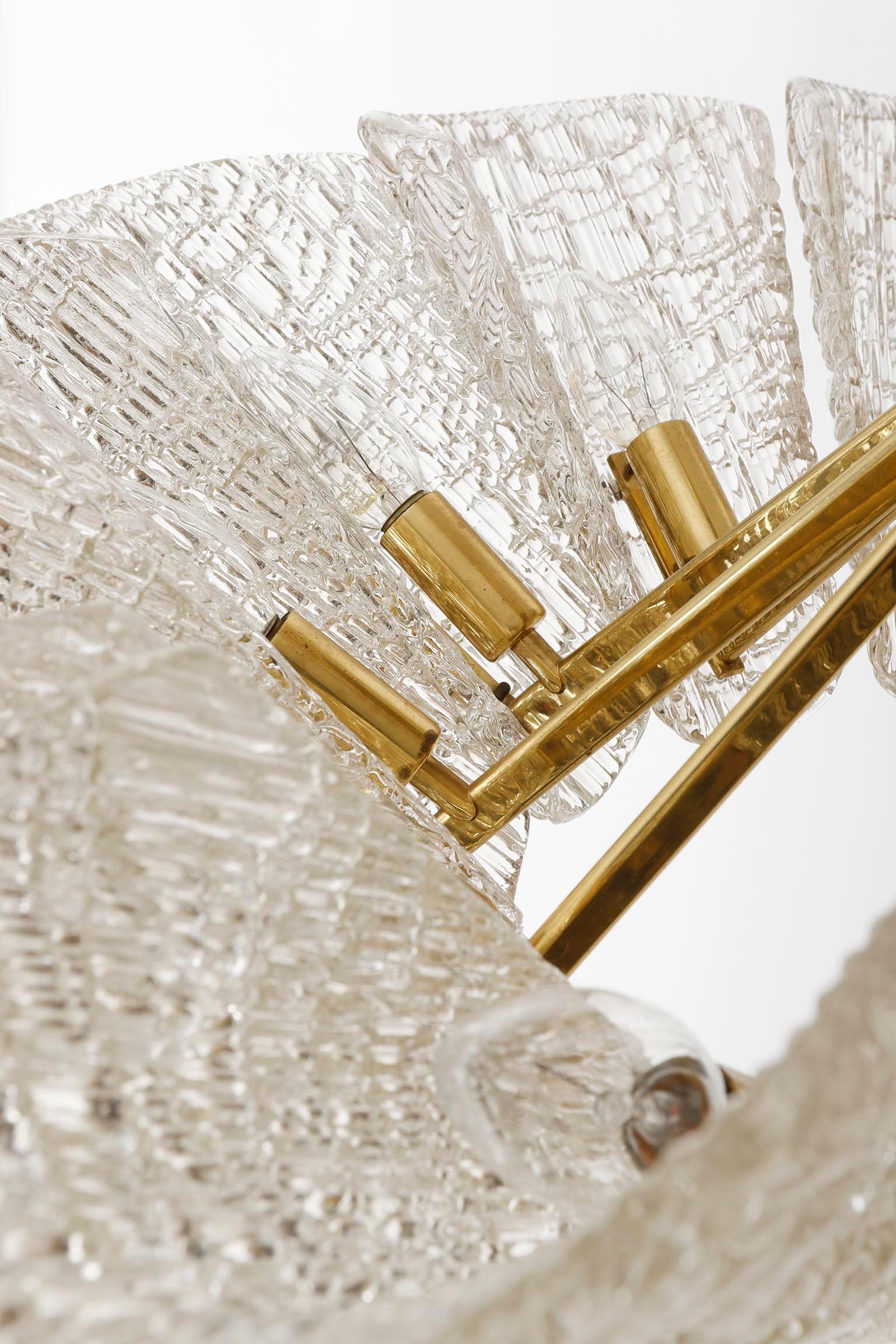 Large J.T. Kalmar Chandelier, Brass Textured Glass, Mid-Century Modern, 1950s For Sale 3