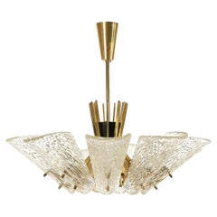 Vintage Large J.T. Kalmar Chandelier, Brass Textured Glass, Mid-Century Modern, 1950s