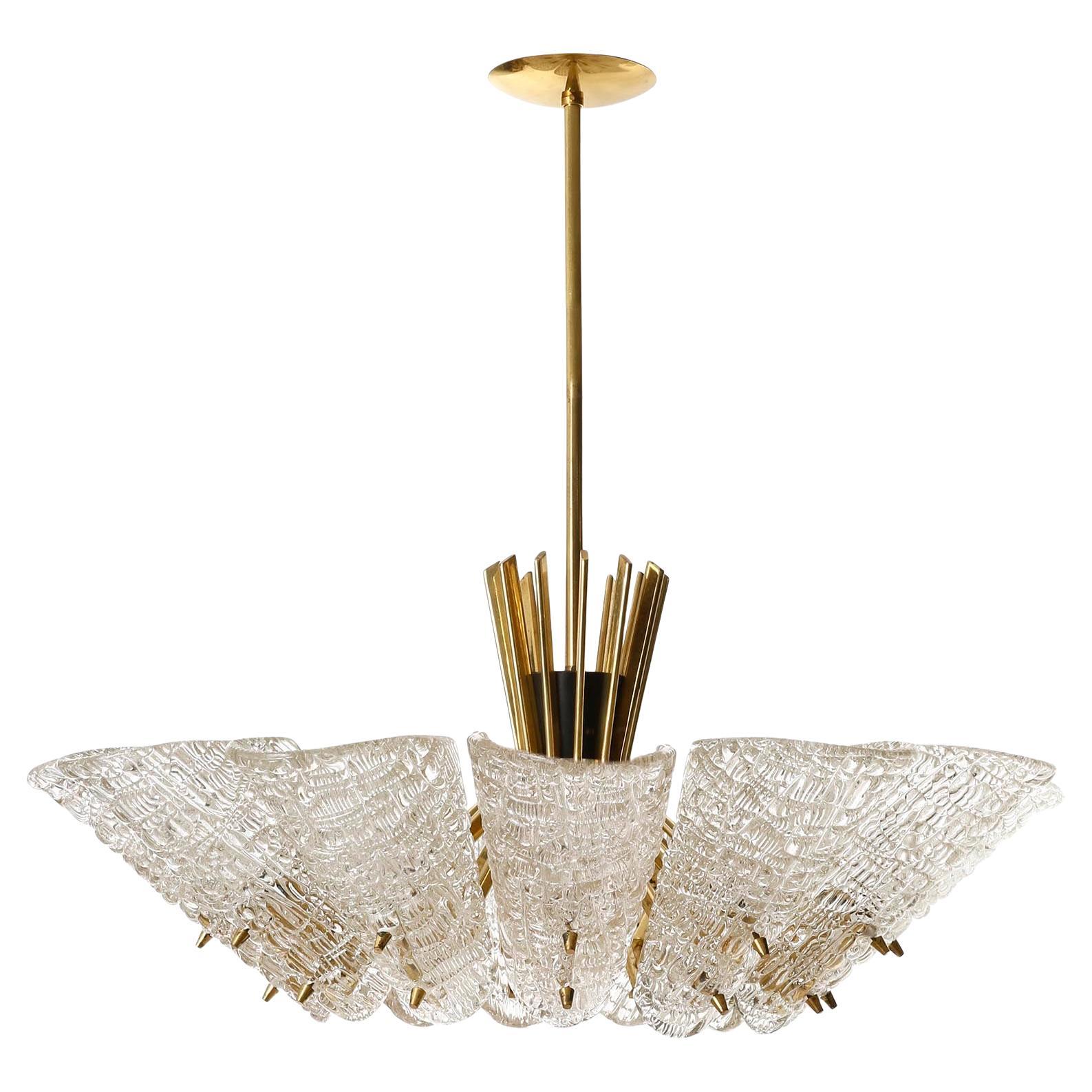 Large J.T. Kalmar Chandelier, Brass Textured Glass, Mid-Century Modern, 1950s