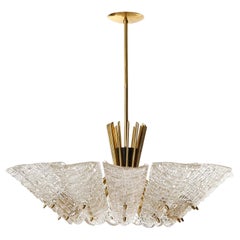 Large J.T. Kalmar Chandelier, Brass Textured Glass, Mid-Century Modern, 1950s