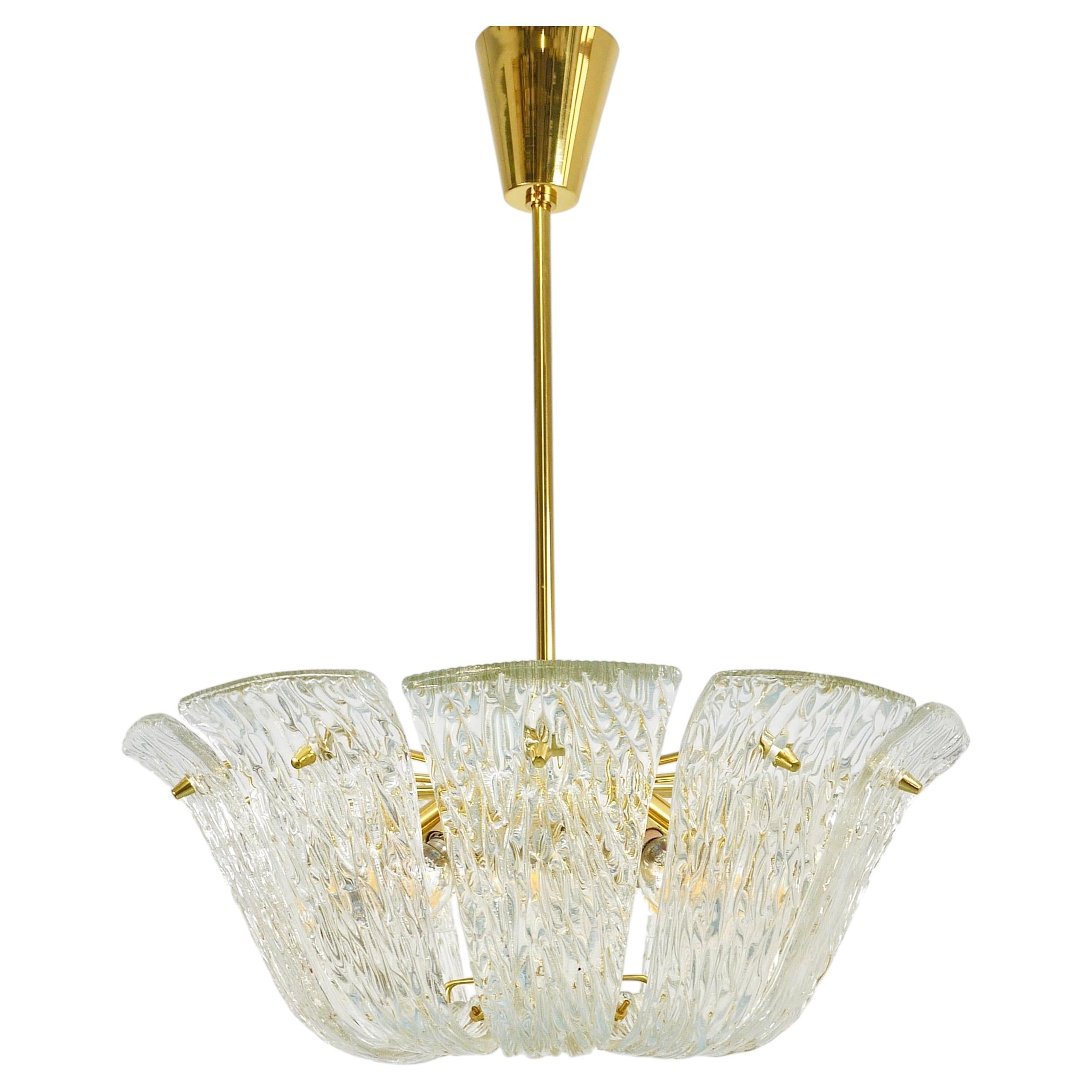Large J.T. Kalmar Curved Basket Chandelier, Brass & Textured Glass, Vienna, 1950