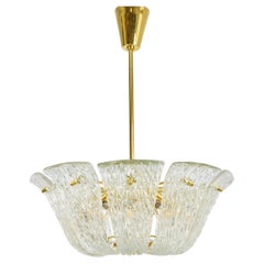 Large J.T. Kalmar Curved Basket Chandelier, Brass & Textured Glass, Vienna, 1950