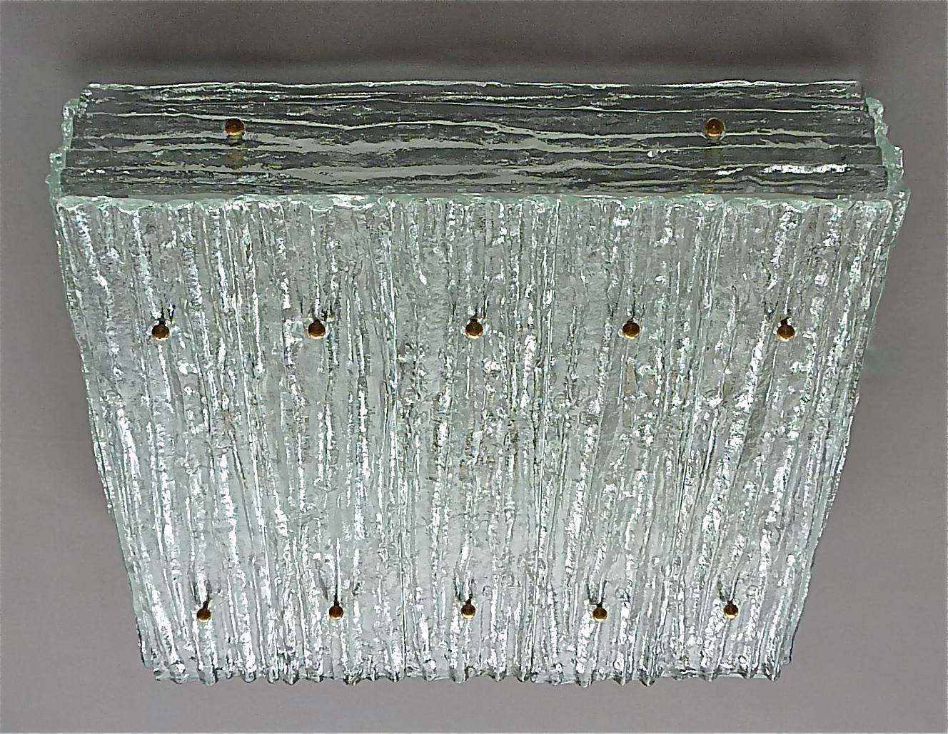 Large J.T. Kalmar Flush Mount Wall Light Ice Glass Brass White Metal 1960s For Sale 3