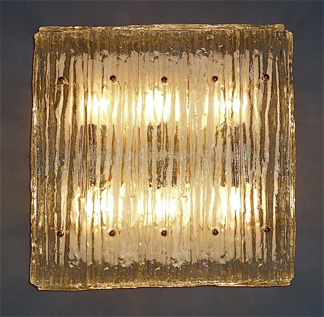 Large J.T. Kalmar Flush Mount Wall Light Ice Glass Brass White Metal 1960s For Sale 7