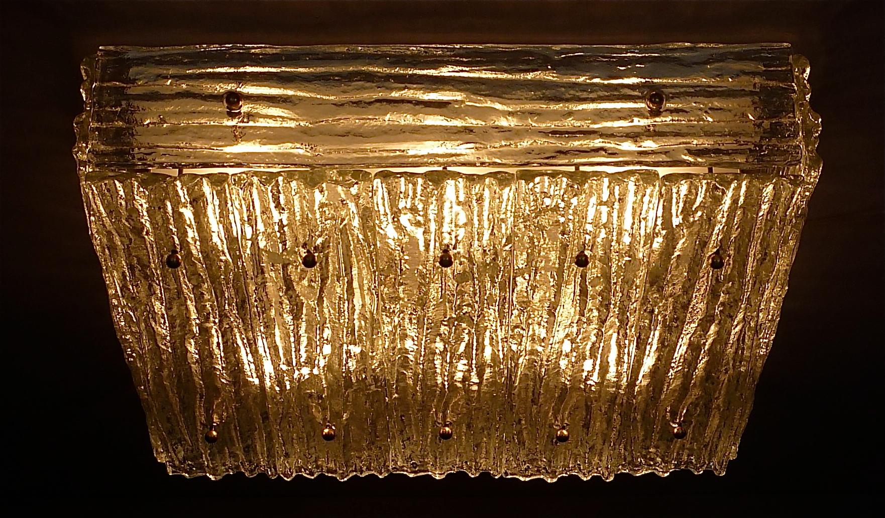 Large J.T. Kalmar Flush Mount Wall Light Ice Glass Brass White Metal 1960s For Sale 8