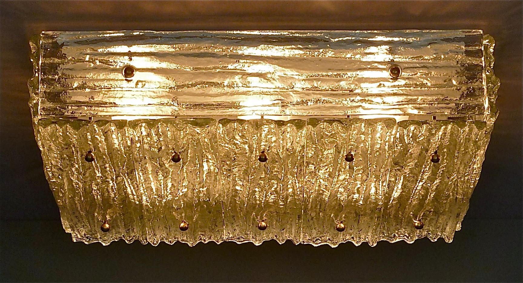 Large J.T. Kalmar Flush Mount Wall Light Ice Glass Brass White Metal 1960s For Sale 9