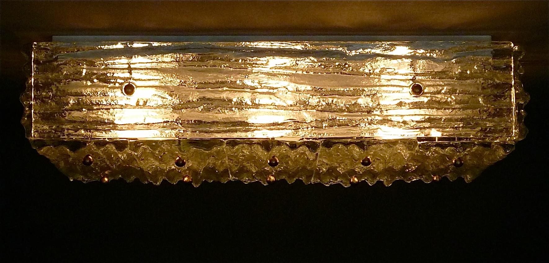 Large J.T. Kalmar Flush Mount Wall Light Ice Glass Brass White Metal 1960s For Sale 10