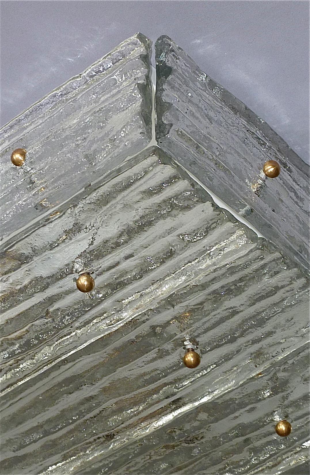 Large J.T. Kalmar Flush Mount Wall Light Ice Glass Brass White Metal 1960s For Sale 12