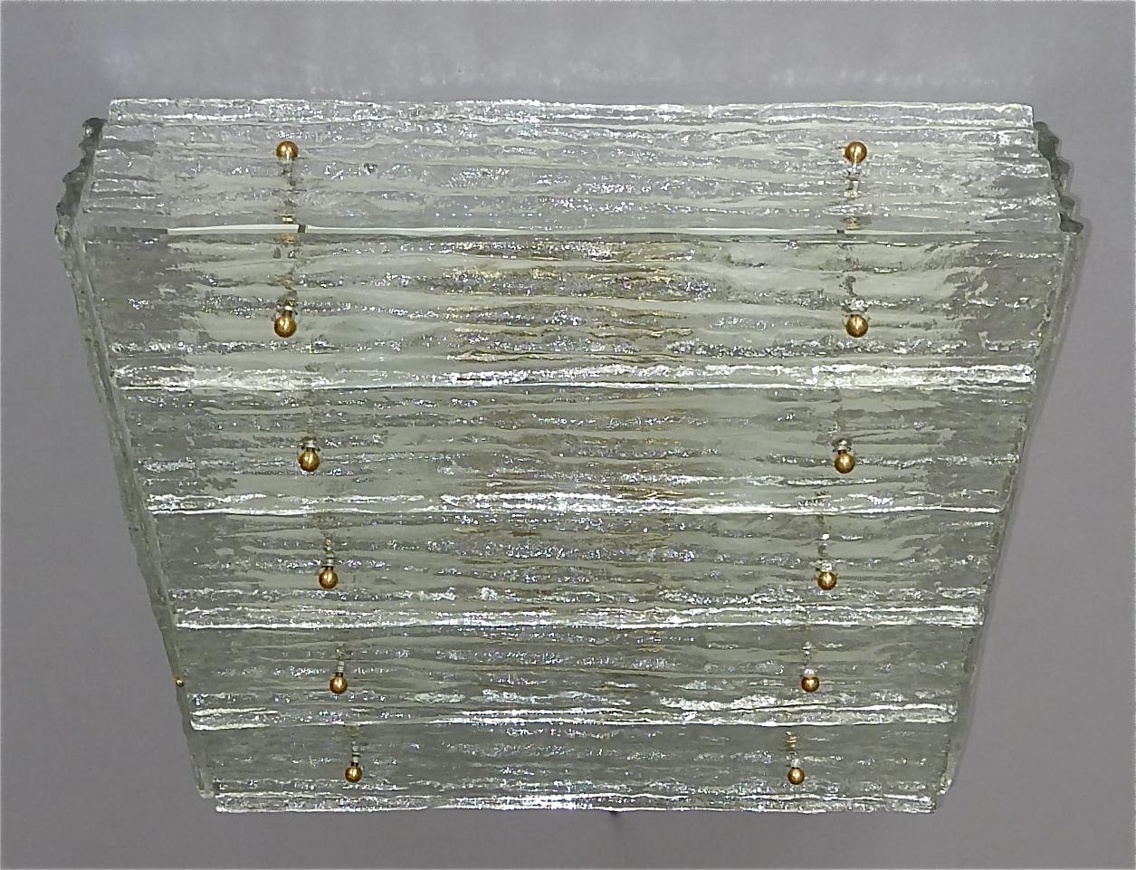 Patinated Large J.T. Kalmar Flush Mount Wall Light Ice Glass Brass White Metal 1960s For Sale