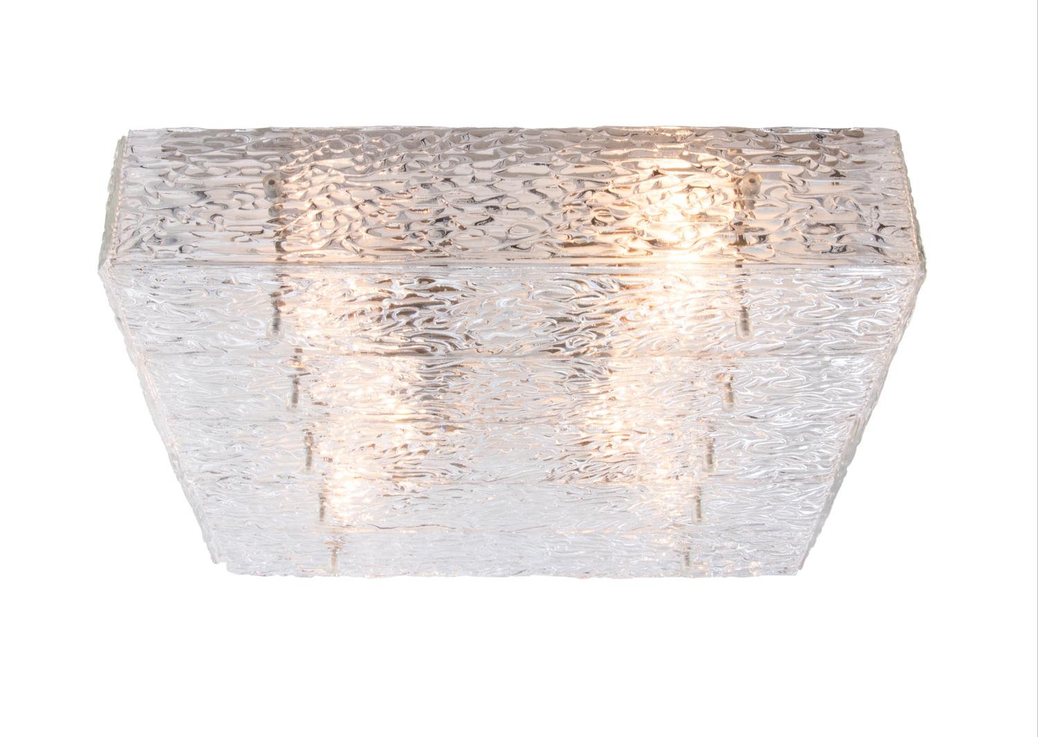 Elegant large square mid-century ceiling lamp 'Heidelberg 52' executed 1974 by Kalmar, Vienna in Austria. To use as a ceiling light but also as a wall sconce. Made of solid textured glass on a white nickel frame. Has 6 sockets. In very good