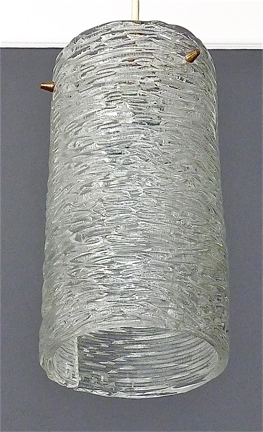Large J.T. Kalmar Tube Pendant Lamp Textured Glass Patinated Brass Austria 1950s For Sale 3