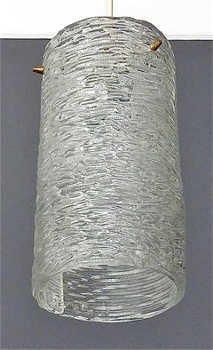 Large J.T. Kalmar Tube Pendant Lamp Textured Glass Patinated Brass Austria 1950s