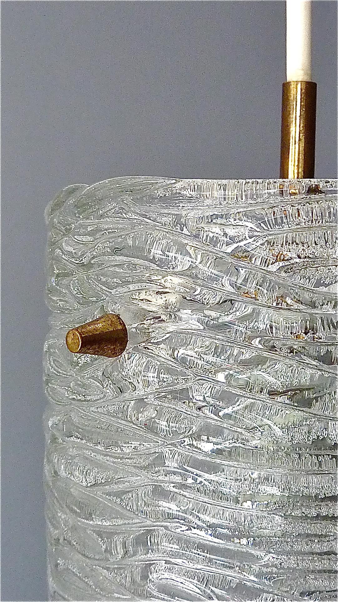 Mid-Century Modern Large J.T. Kalmar Tube Pendant Lamp Textured Glass Patinated Brass Austria 1950s For Sale