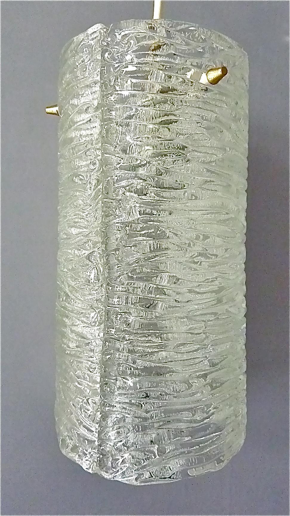 Austrian Large J.T. Kalmar Tube Pendant Lamp Textured Glass Patinated Brass Austria 1950s For Sale