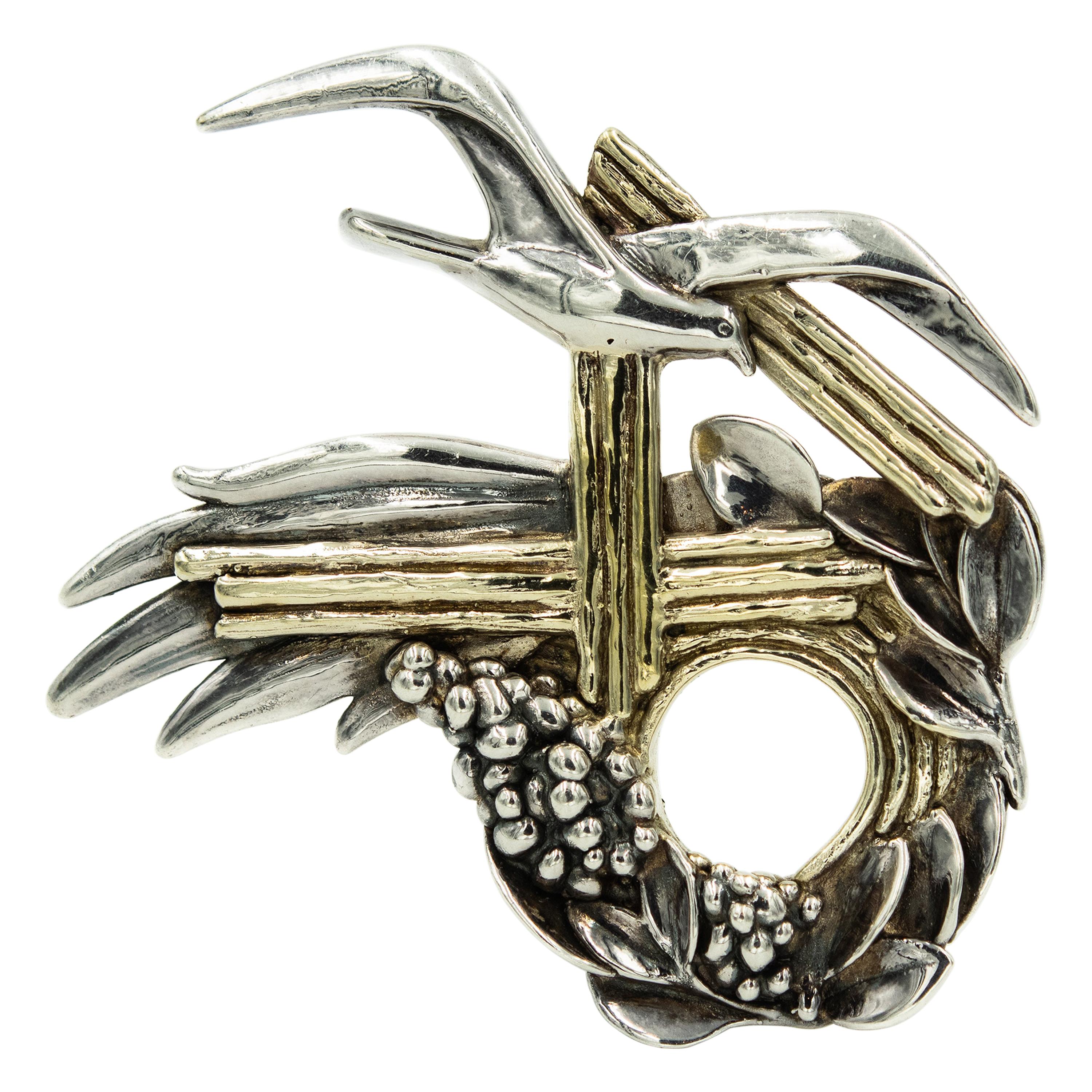 Large Judaica Israel 40th Anniversary Gilt Sterling Silver Dove Brooch 1988 For Sale