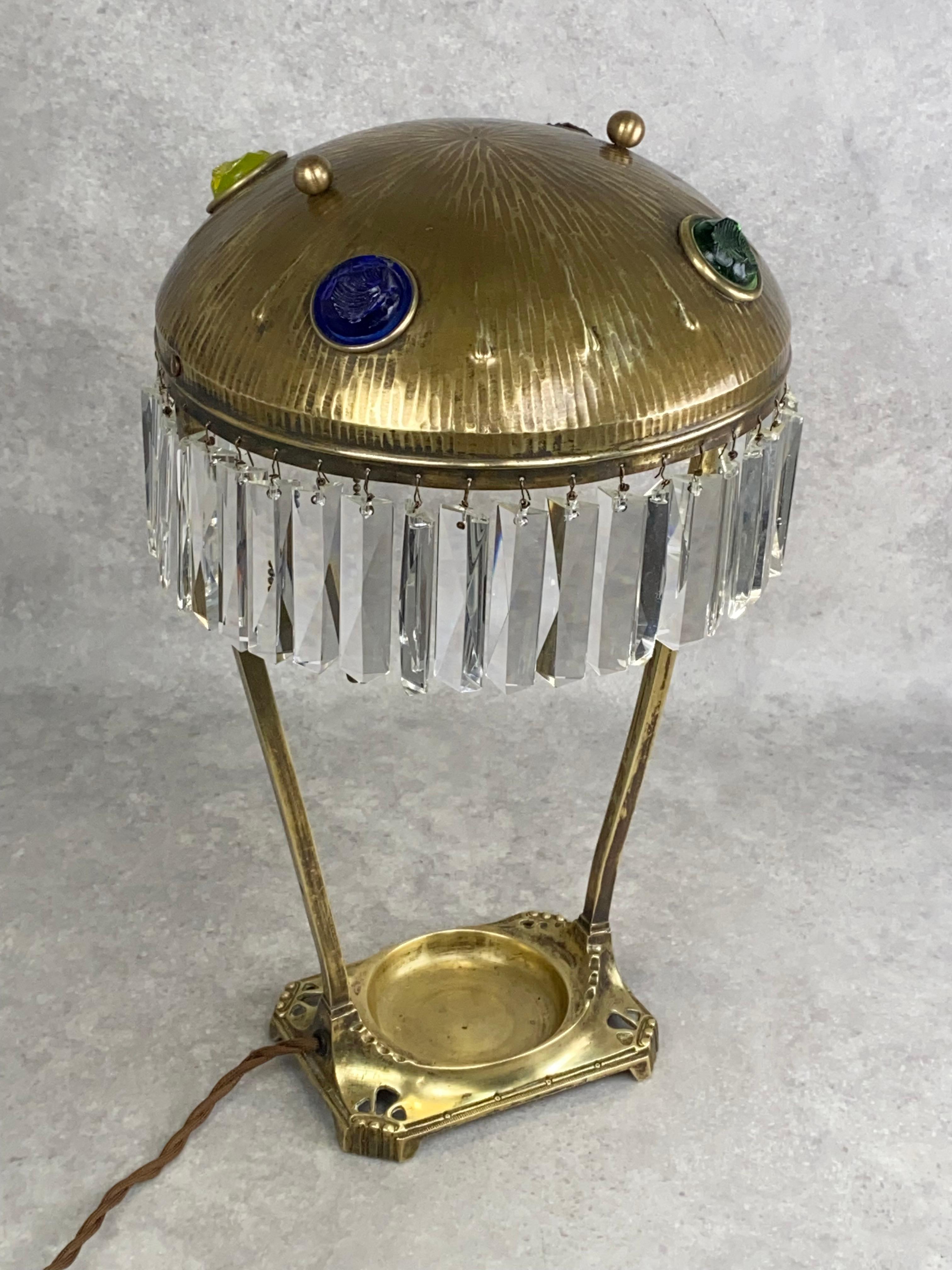 Large jugendstil desk lamp with crystals in excellent original condition, rewired.