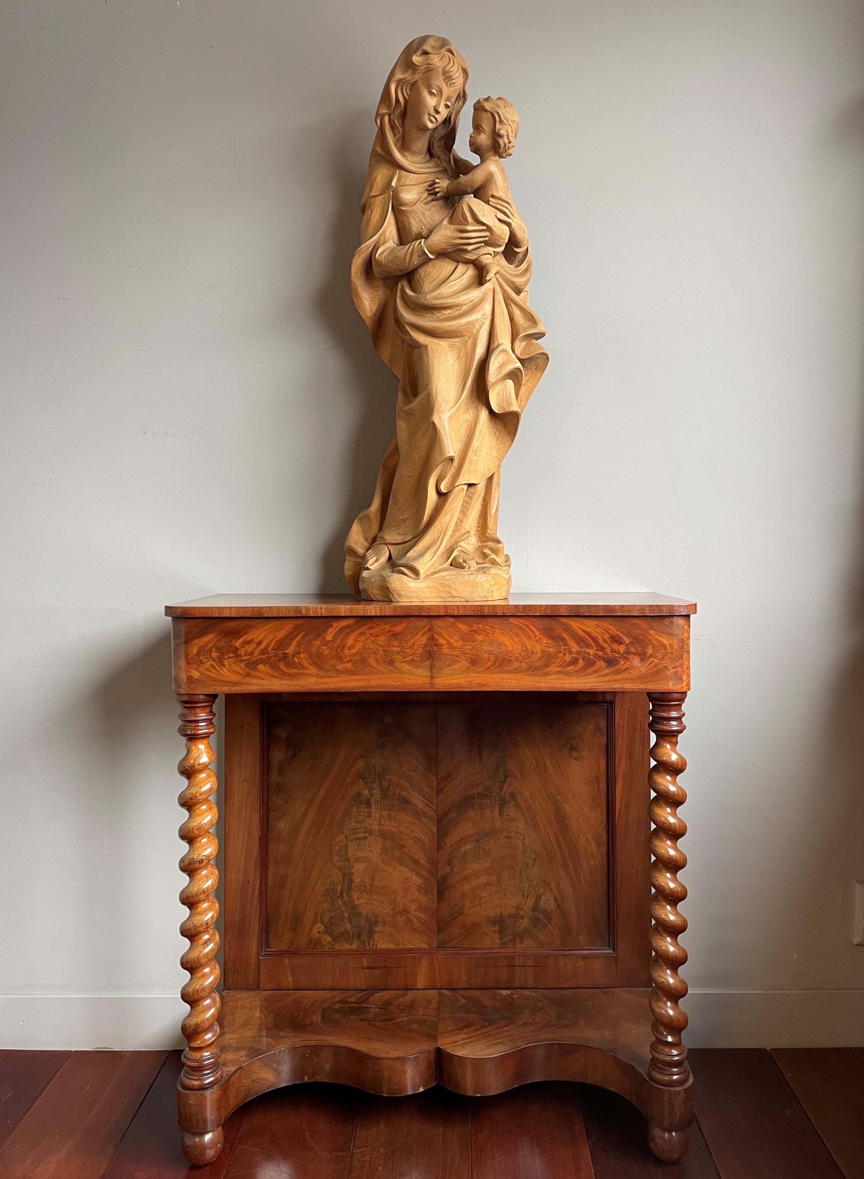 Large Jugendstil Style Hand Carved Wooden Sculpture of Mary and Child Jesus For Sale 5