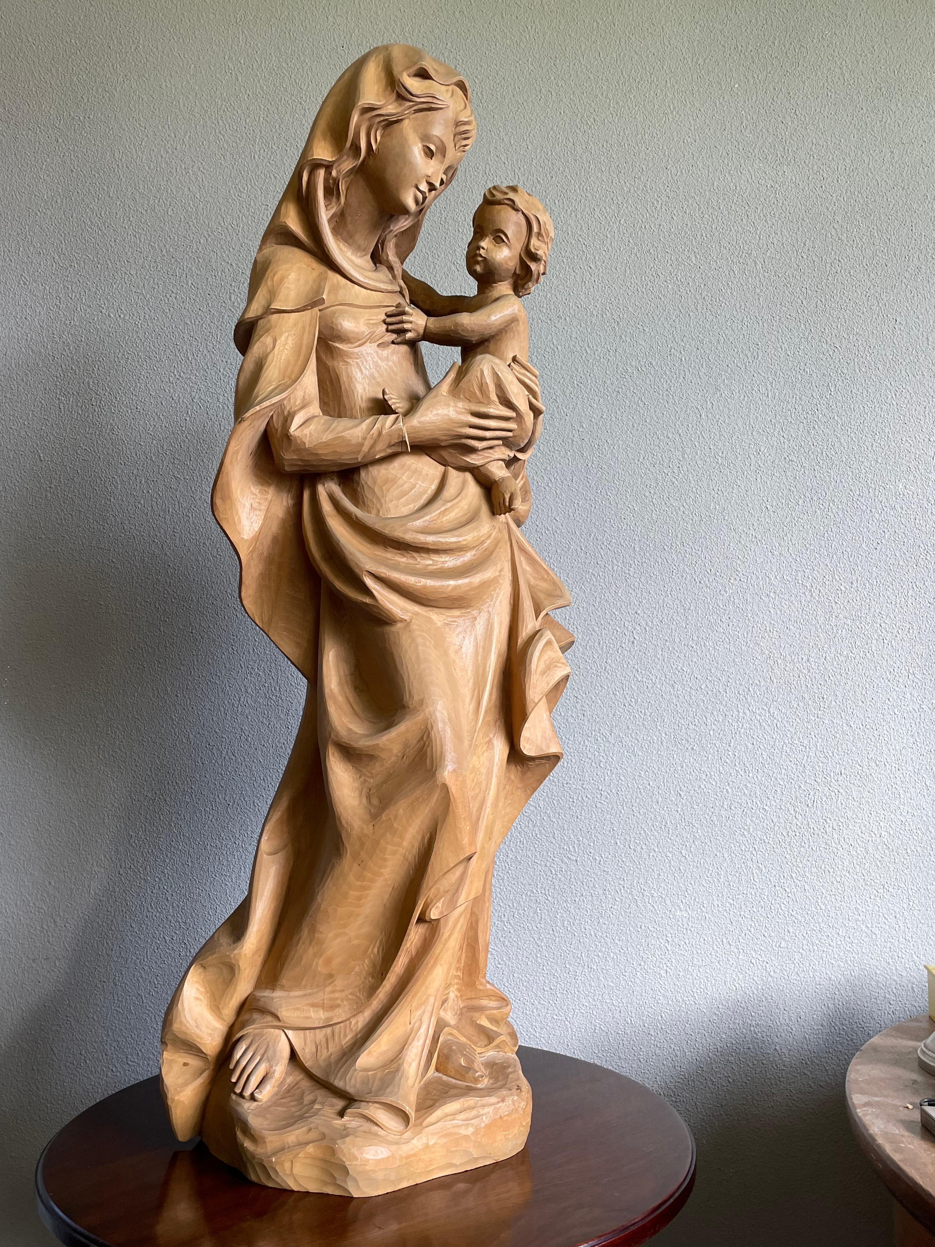 Large Jugendstil Style Hand Carved Wooden Sculpture of Mary and Child Jesus For Sale 6