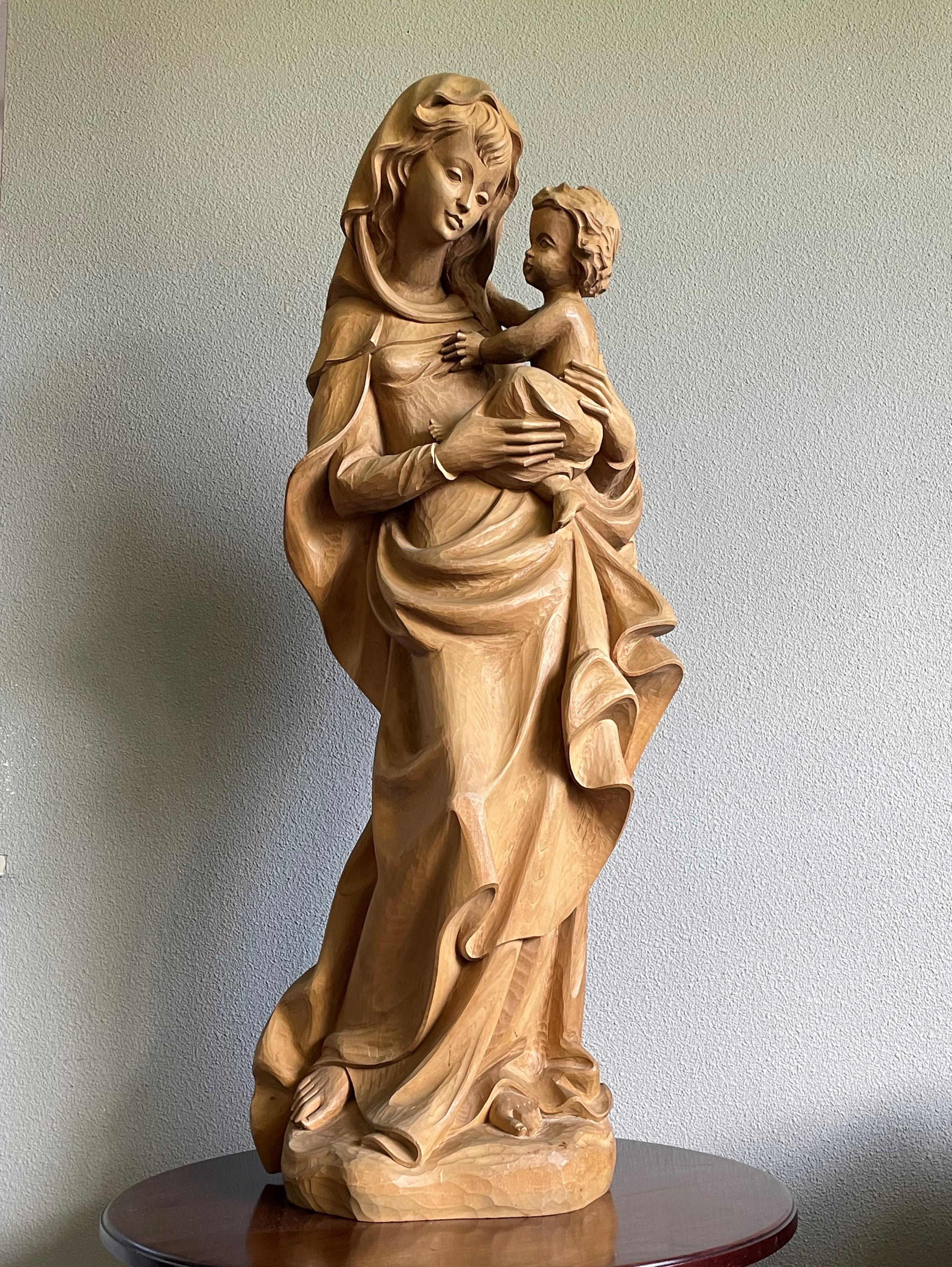 Large Jugendstil Style Hand Carved Wooden Sculpture of Mary and Child Jesus For Sale 8