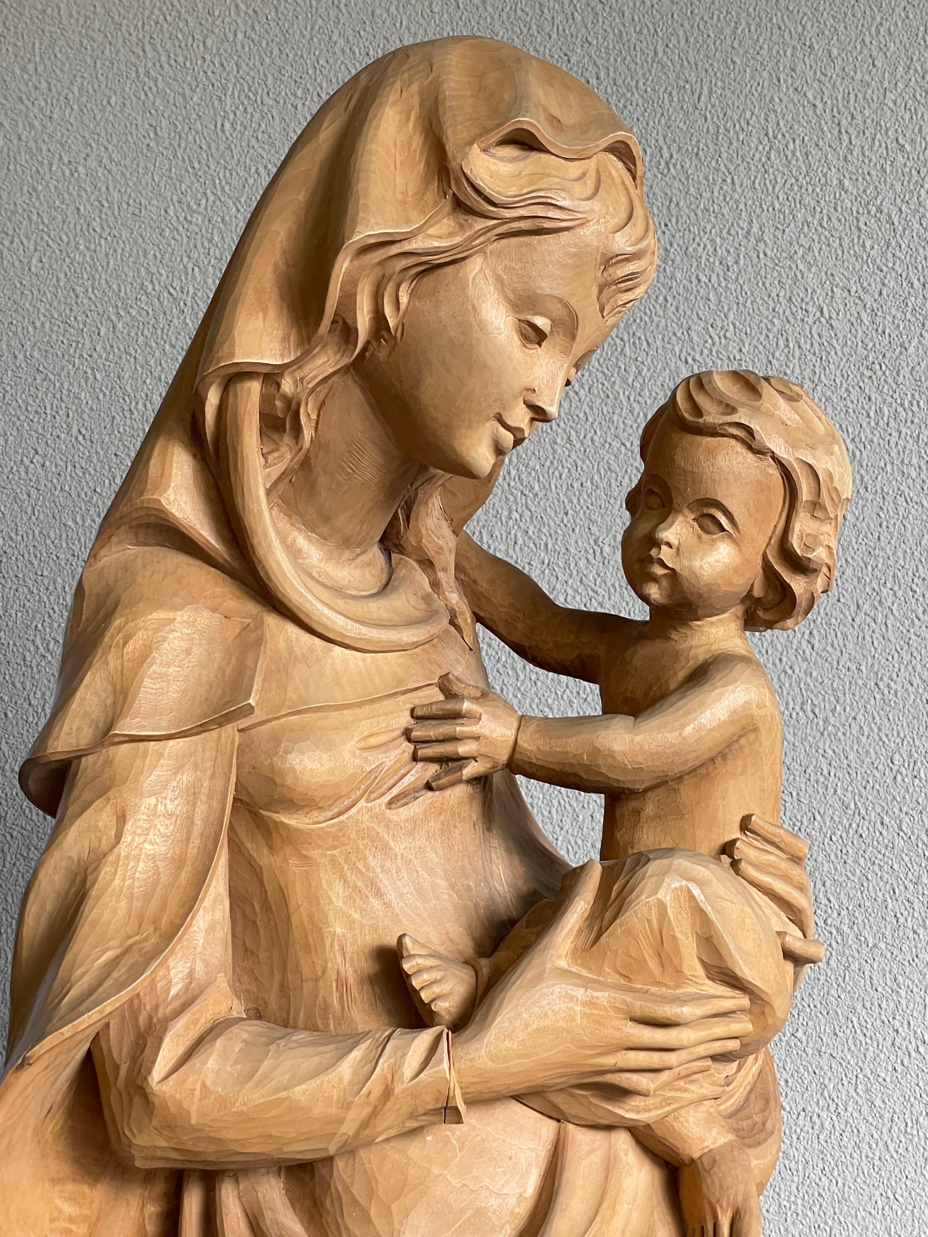 Large Jugendstil Style Hand Carved Wooden Sculpture of Mary and Child Jesus For Sale 9