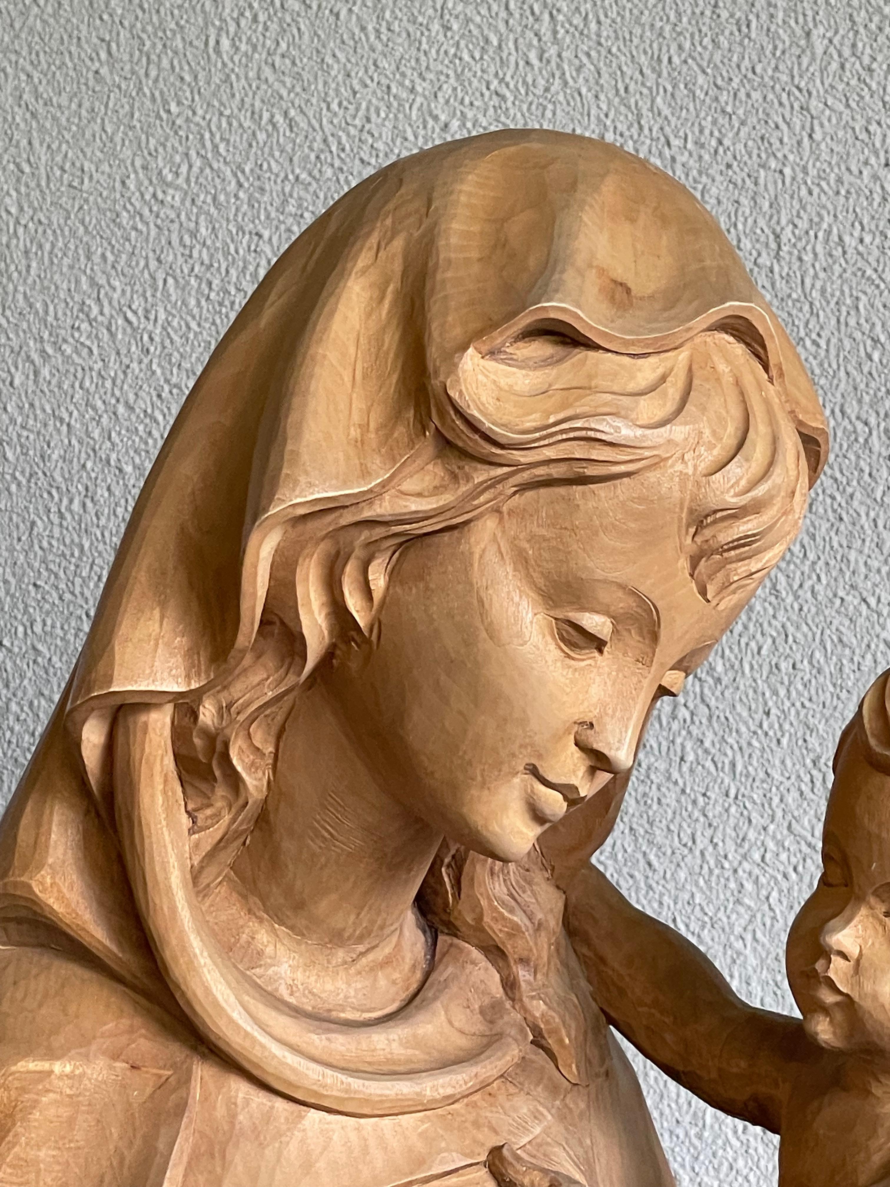 Large Jugendstil Style Hand Carved Wooden Sculpture of Mary and Child Jesus For Sale 10
