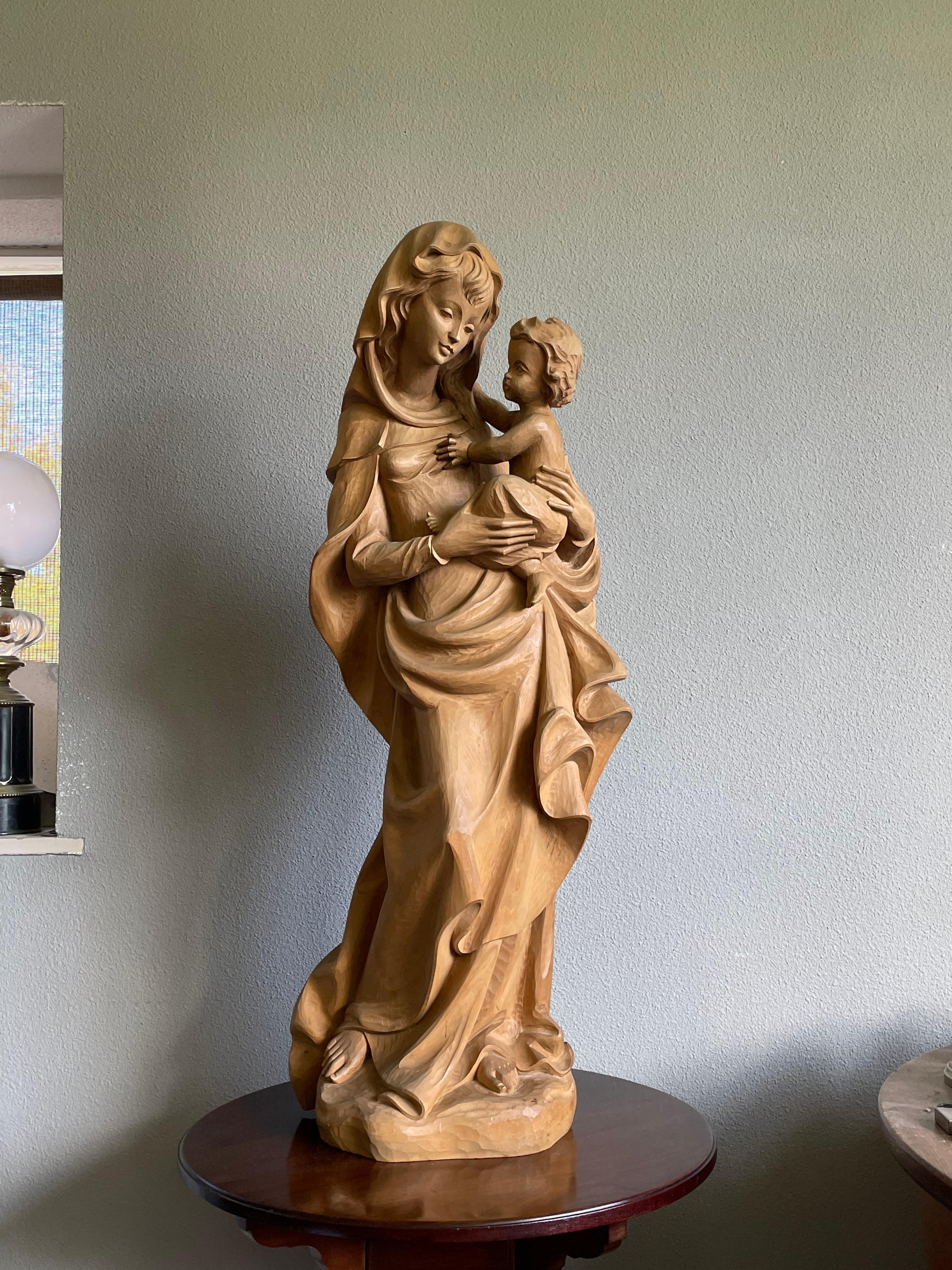 Large Jugendstil Style Hand Carved Wooden Sculpture of Mary and Child Jesus For Sale 11
