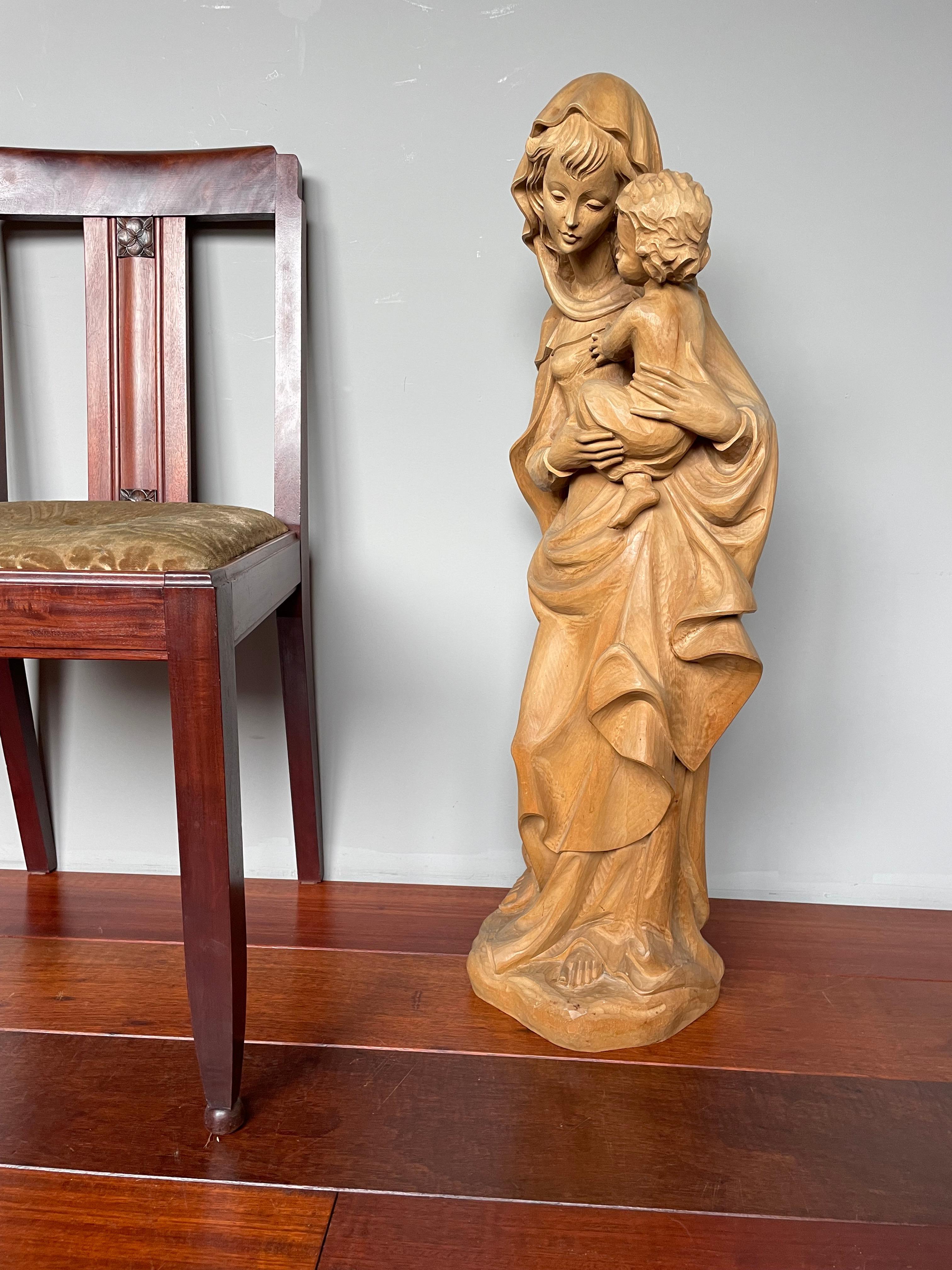 Large Jugendstil Style Hand Carved Wooden Sculpture of Mary and Child Jesus For Sale 12