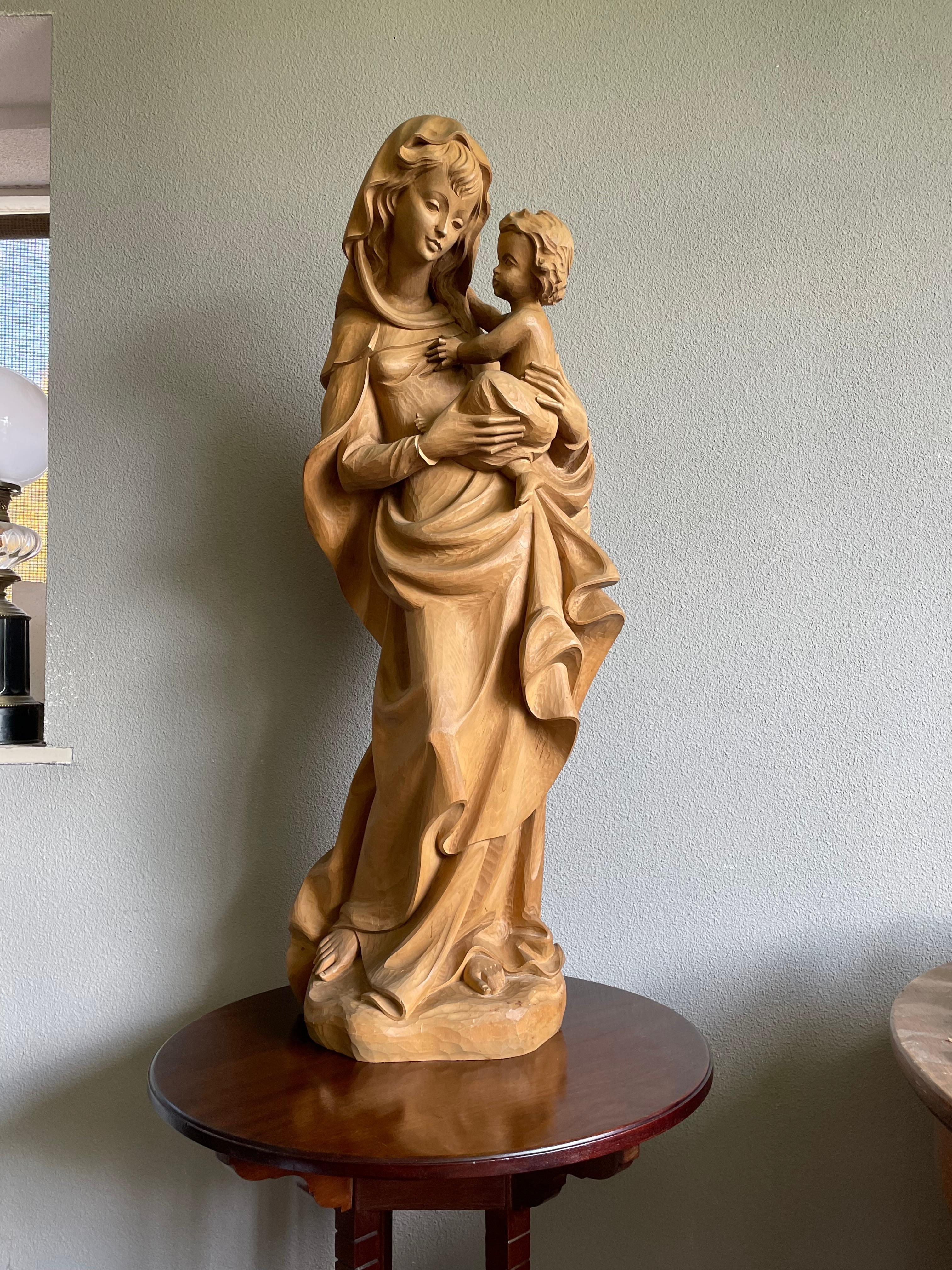 European Large Jugendstil Style Hand Carved Wooden Sculpture of Mary and Child Jesus For Sale