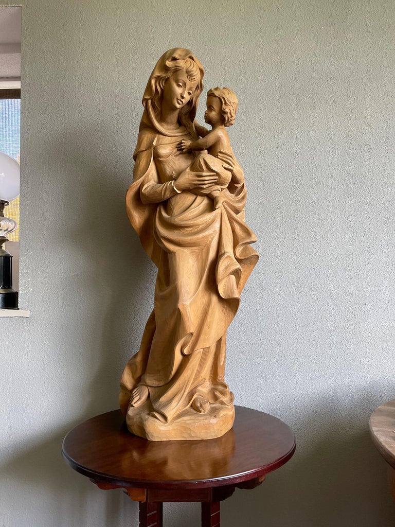 Large Jugendstil Style Hand Carved Wooden Sculpture of Mary and Child ...