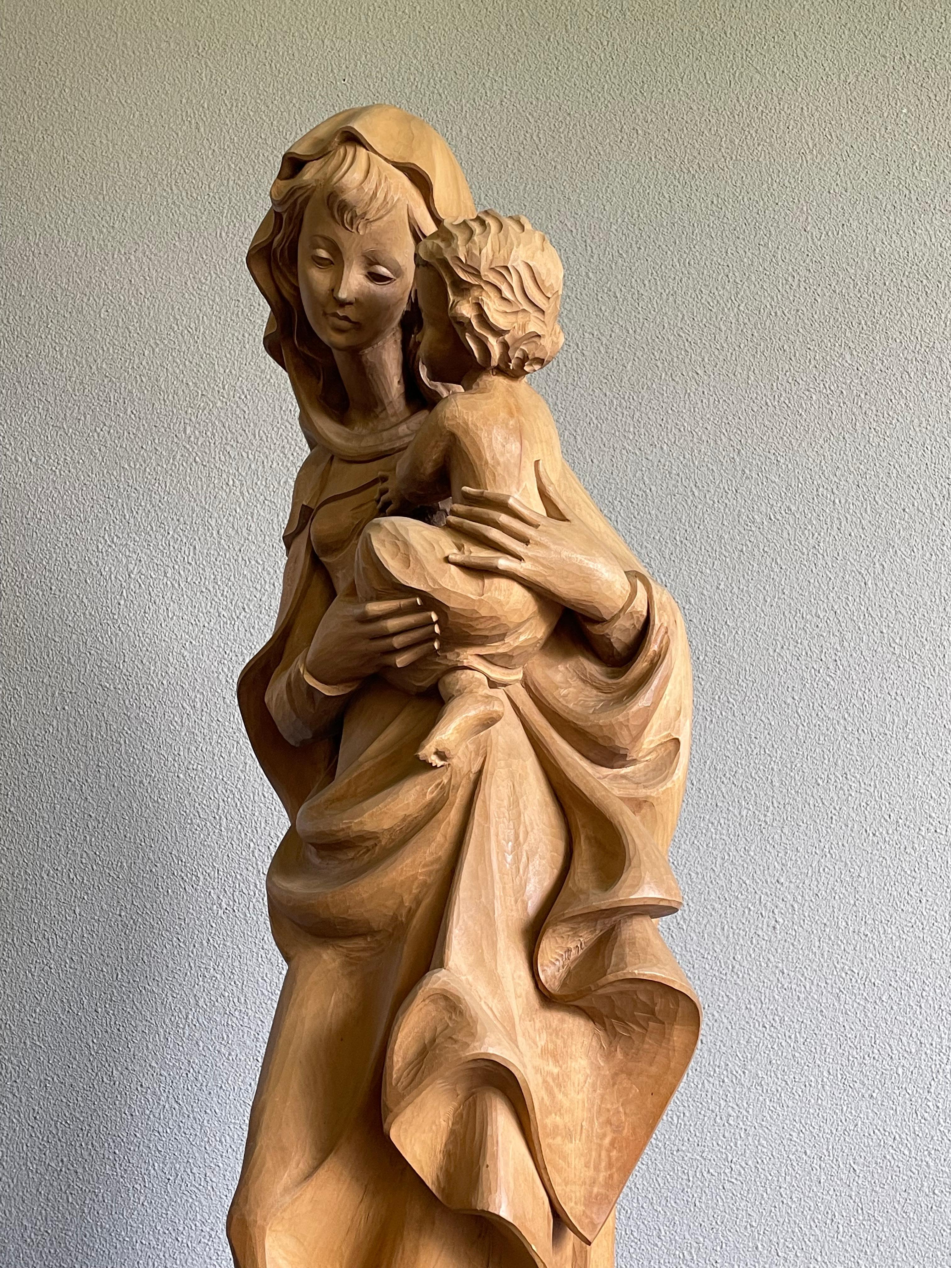 Pine Large Jugendstil Style Hand Carved Wooden Sculpture of Mary and Child Jesus For Sale