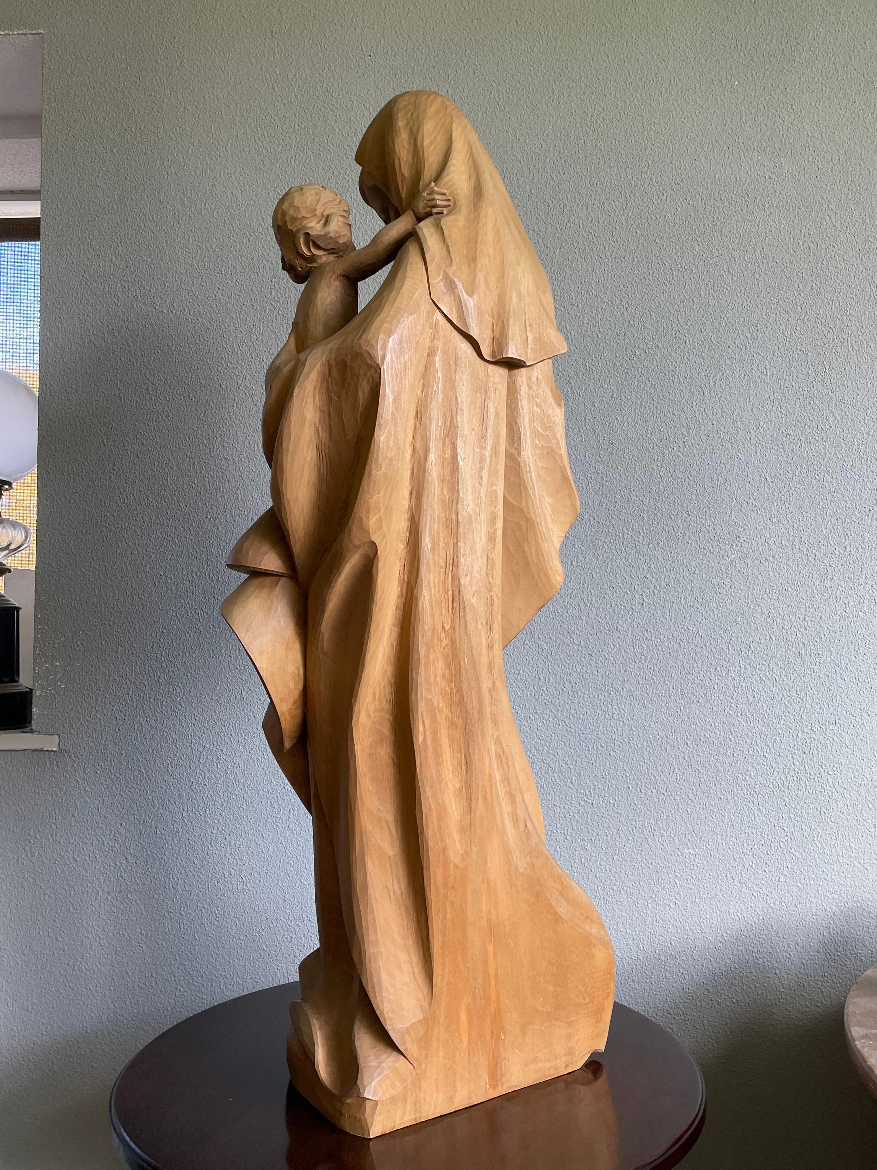 Large Jugendstil Style Hand Carved Wooden Sculpture of Mary and Child Jesus For Sale 2