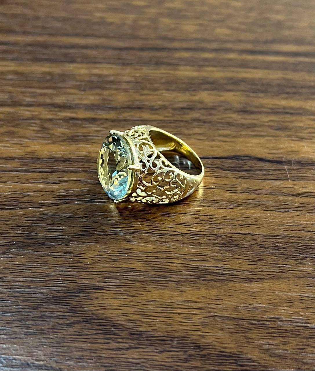 Anello grande Jumbo in ametista verde e prasiolite con motivo a gabbia in oro giallo 14 carati in vendita 2