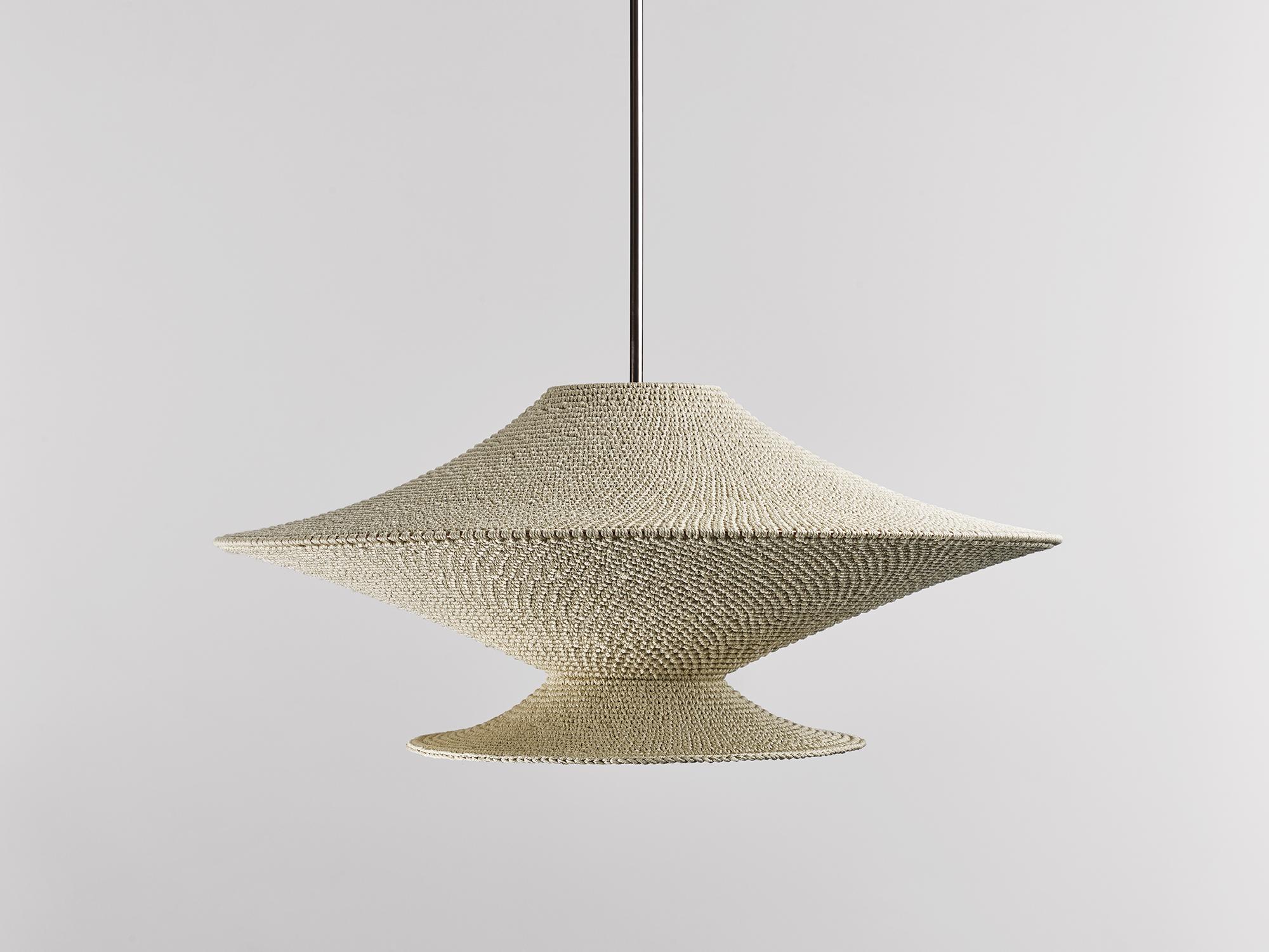 Large Jupe solitaire pendant lamp by Naomi Paul
Dimensions: D 80 x H 44 cm
Materials: Metal frame, Egyptian cotton cord.
Color: Ecru.
Available in other colors and in 4 sizes: D50, D60, D80, D100 cm.
Available in plain, two tone or bamboo color
