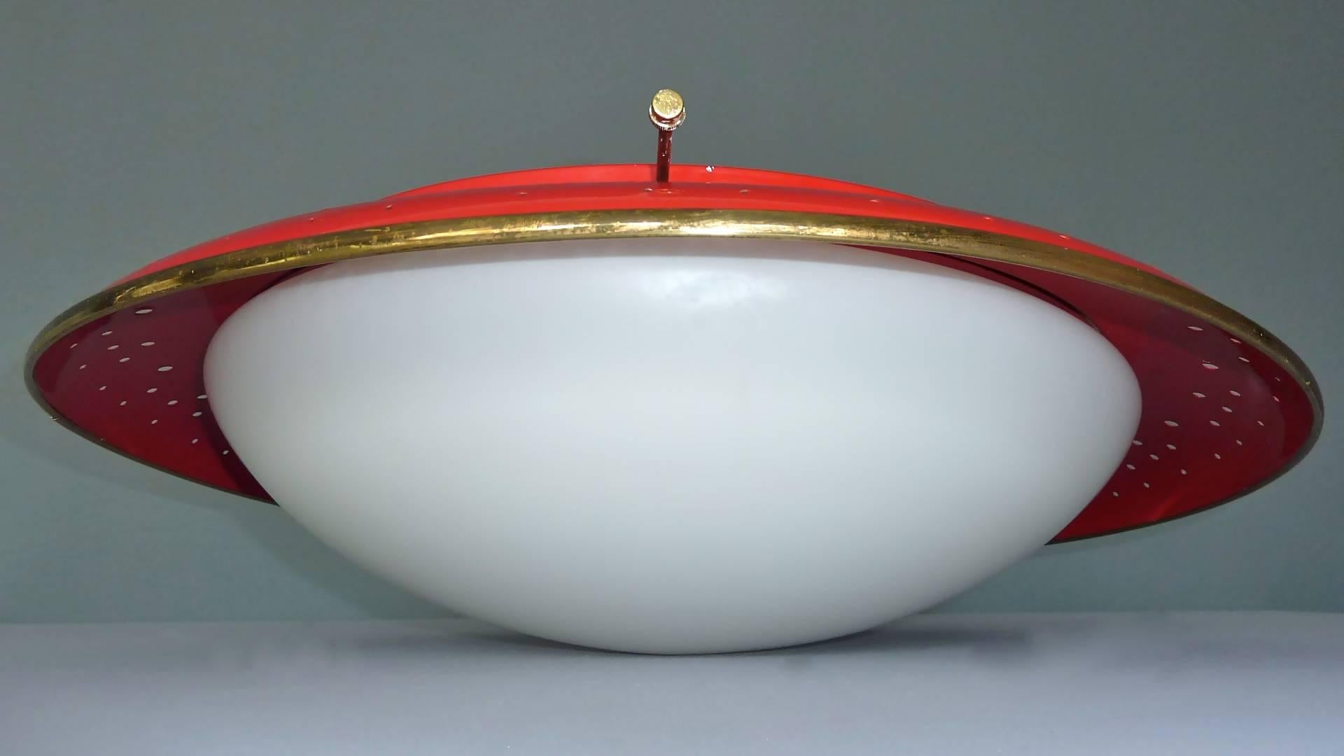 Mid-20th Century Large Kaiser Flush Mount Red Perforated Brass White Glass Stilnovo Sarfatti Lamp