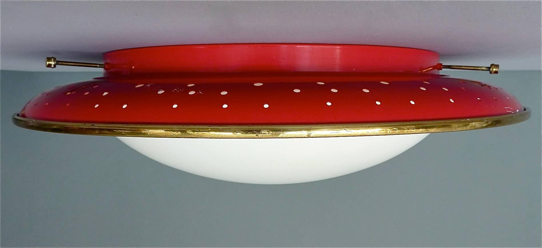 Metal Large Kaiser Flush Mount Red Perforated Brass White Glass Stilnovo Sarfatti Lamp