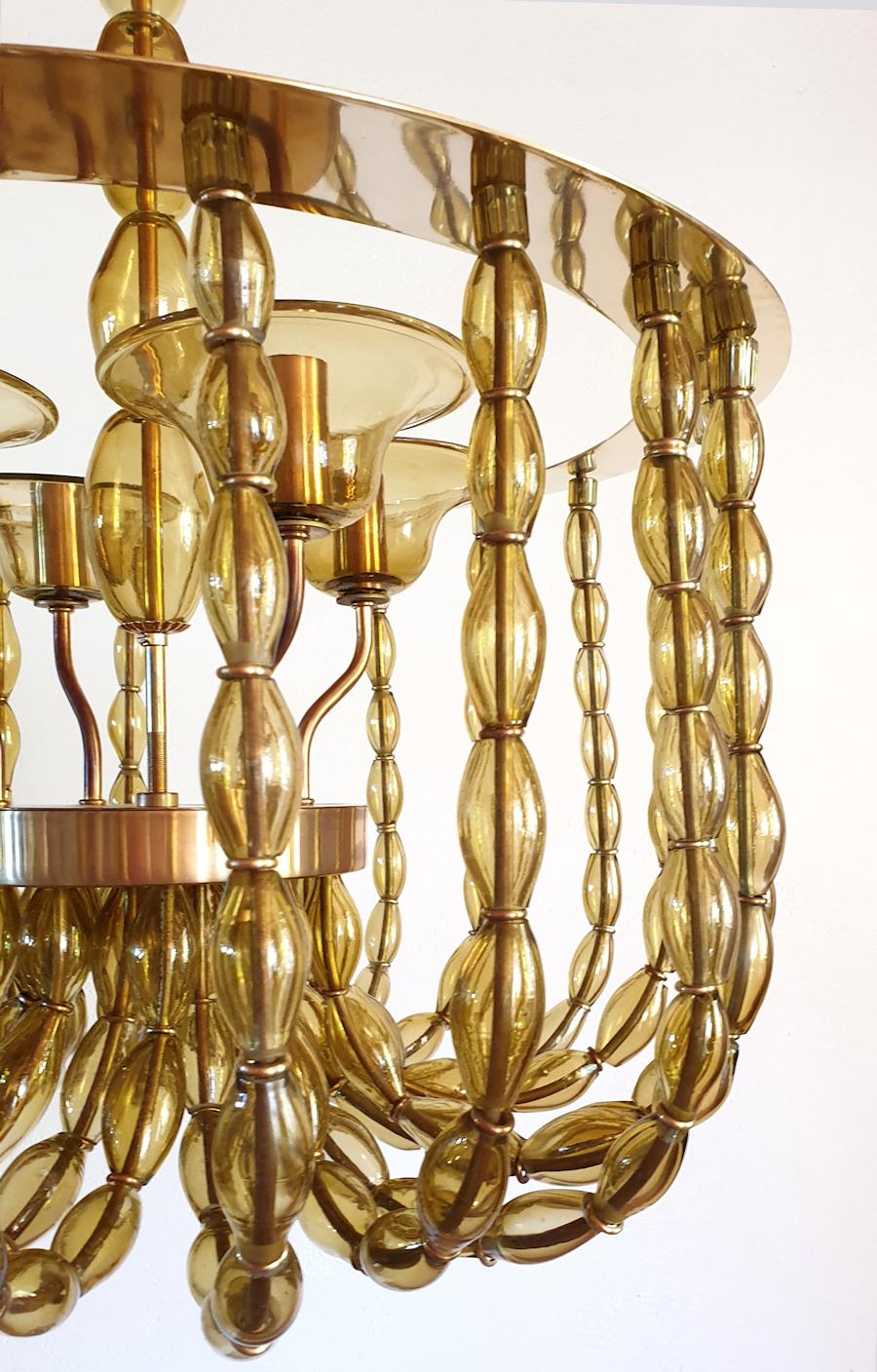 Brass Large Neoclassical Murano Glass Chandelier, Venini Style 