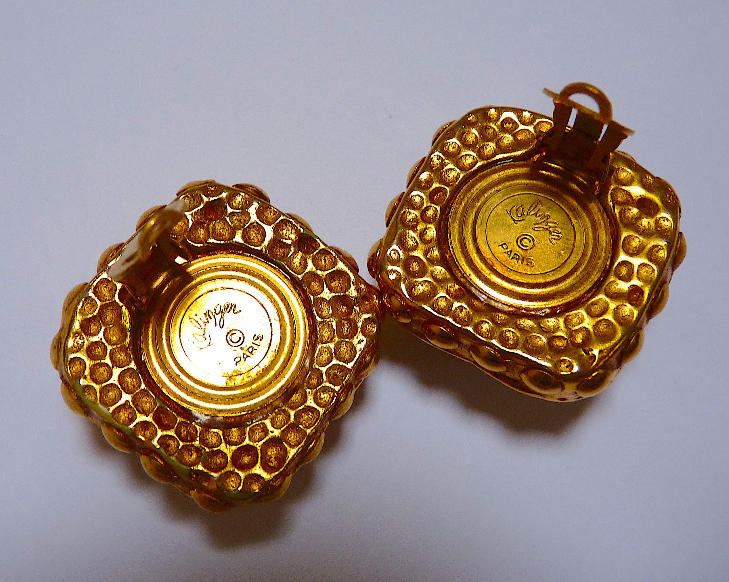 Pendientes grandes de clip KALINGER Paris con piedra de cristal naranja de los años 80 en venta 1