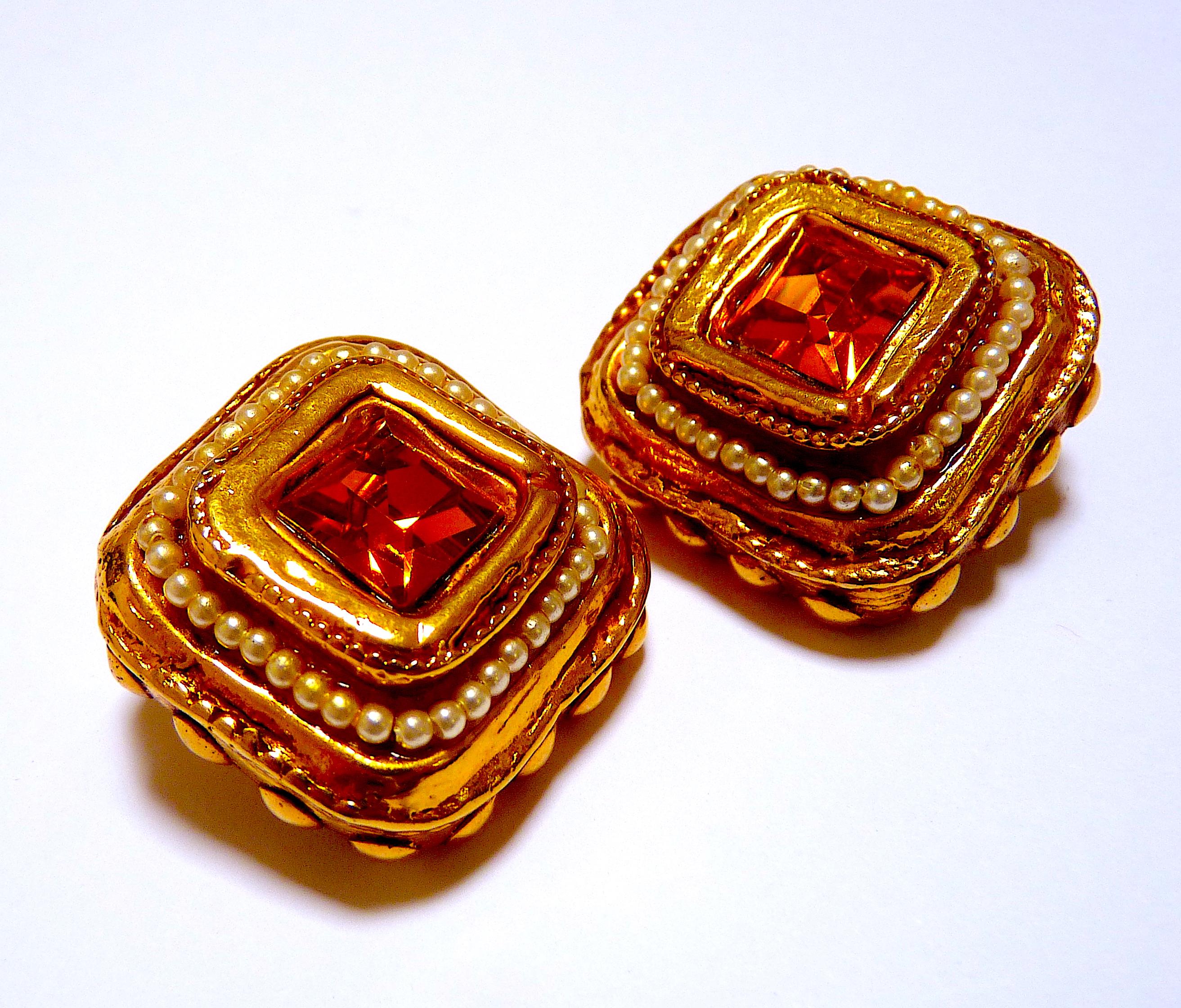 Pendientes grandes de clip KALINGER Paris con piedra de cristal naranja de los años 80 en venta 2