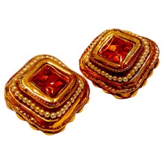 Pendientes grandes de clip KALINGER Paris con piedra de cristal naranja de los años 80
